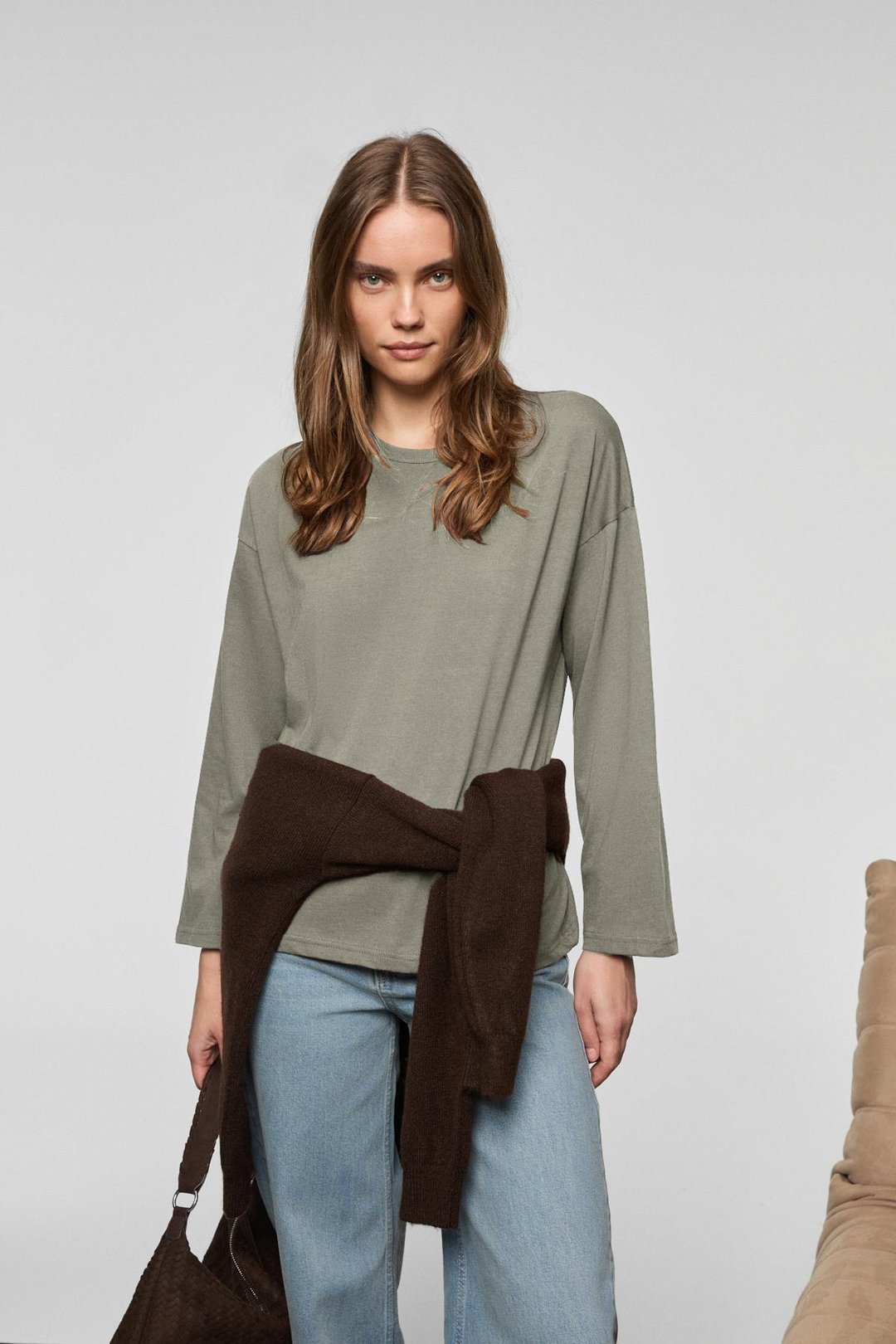 BASIL Kadını Oversize %100 Organik Pamuk Örme Uzun Kol Koyu Gri T-Shirt