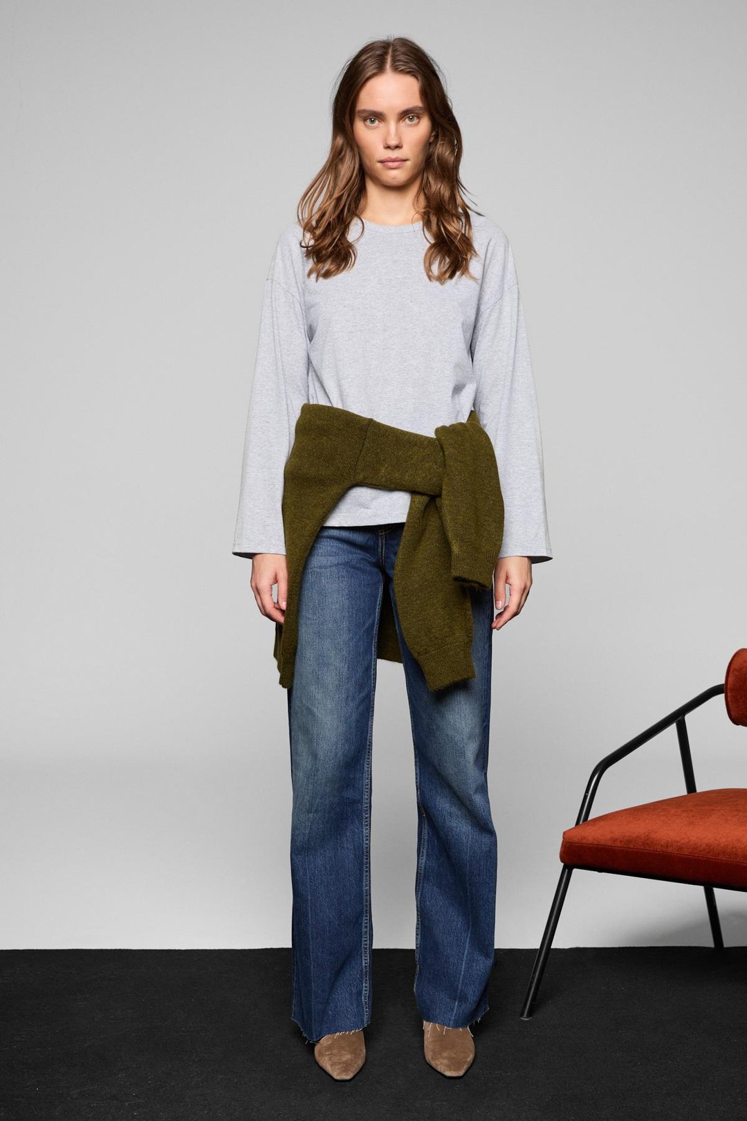 BASIL Kadını Oversize %100 Organik Pamuk Örme Uzun Kol Grimelanj T-Shirt