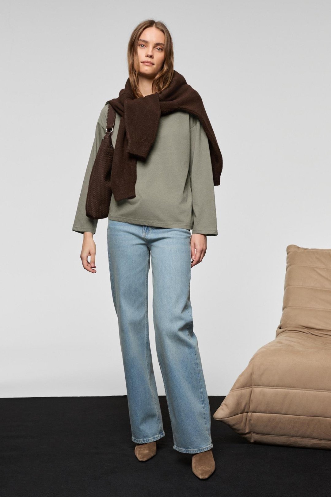 BASIL Kadını Oversize %100 Organik Pamuk Örme Uzun Kol Koyu Gri T-Shirt