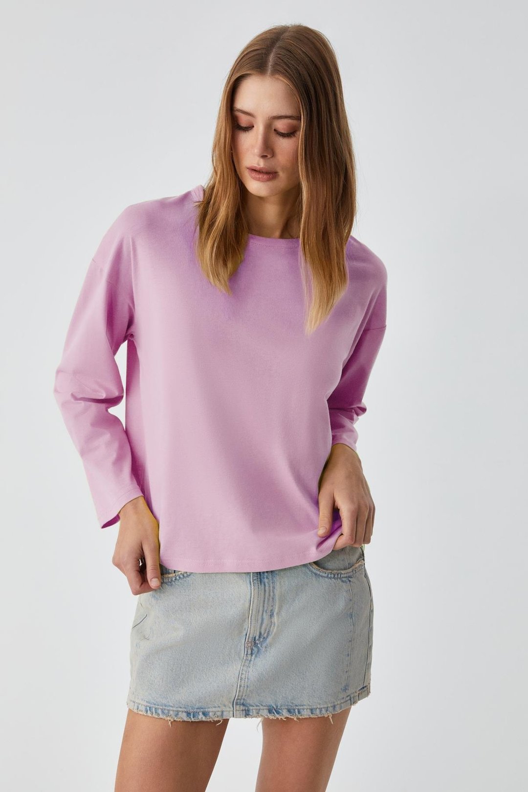 BASIL Kadını Oversize %100 Organik Pamuk Örme Uzun Kol Pembe T-Shirt
