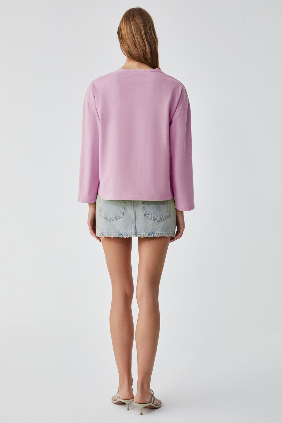BASIL Kadını Oversize %100 Organik Pamuk Örme Uzun Kol Pembe T-Shirt