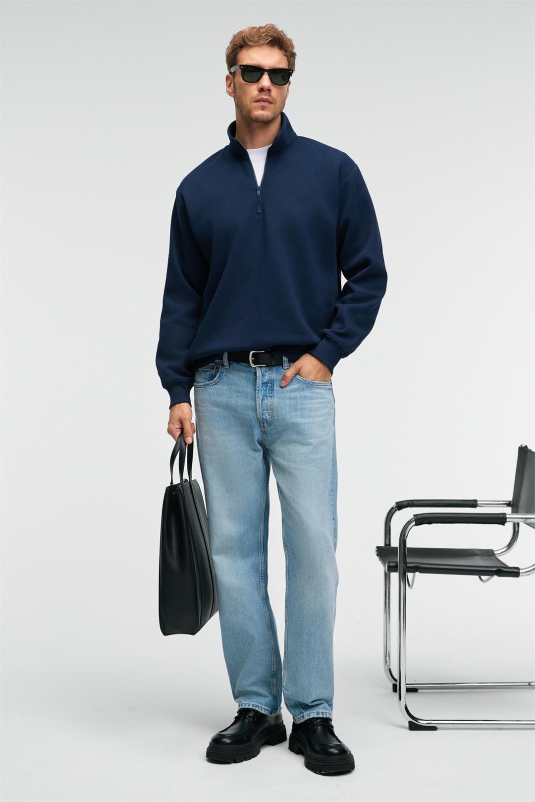 BAXTER Erkek Dik Yakalı Fermuarlı Relaxed Lacivert Sweatshirt