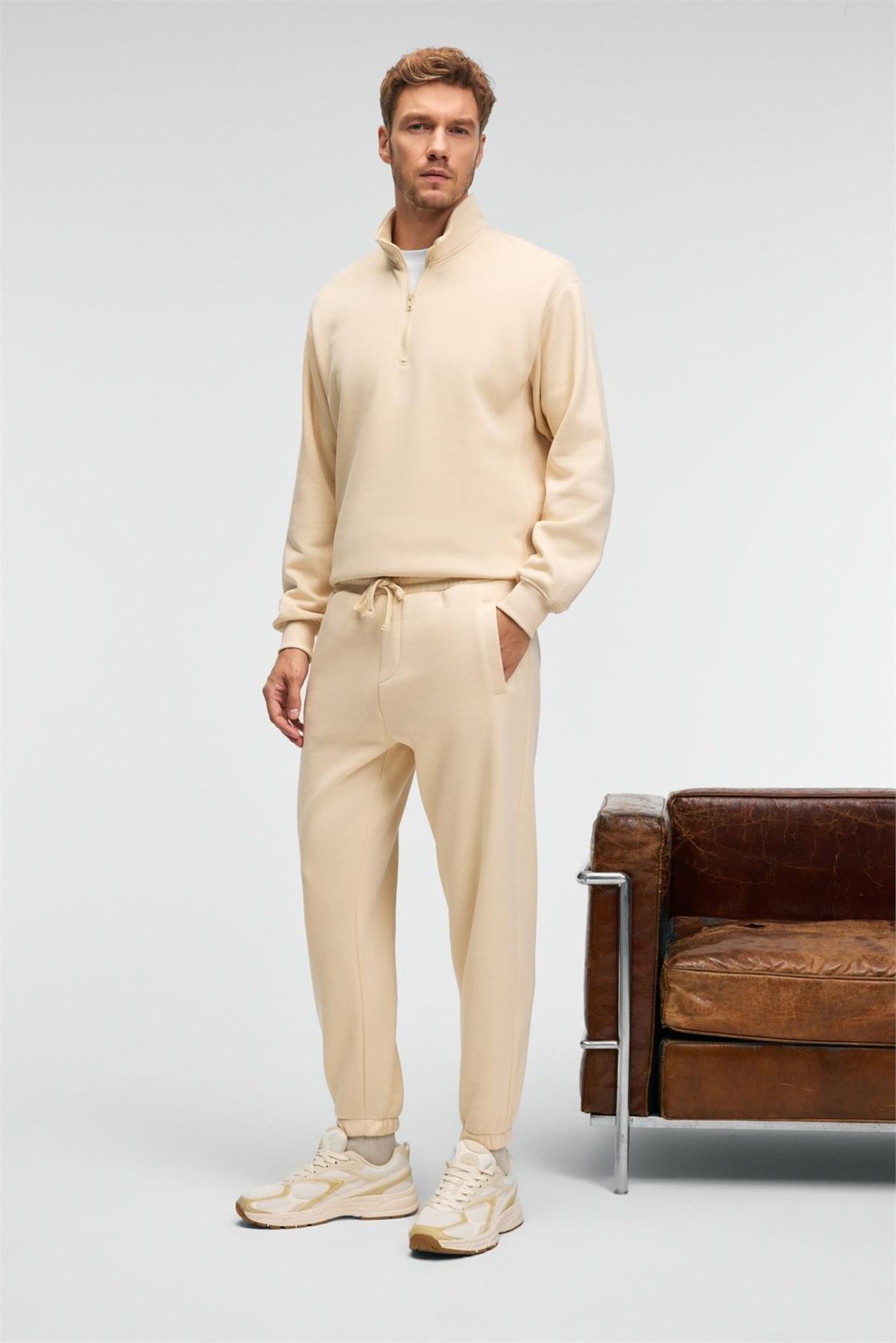 BAXTER Erkek Dik Yakalı Fermuarlı Relaxed Vanilya Sweatshirt