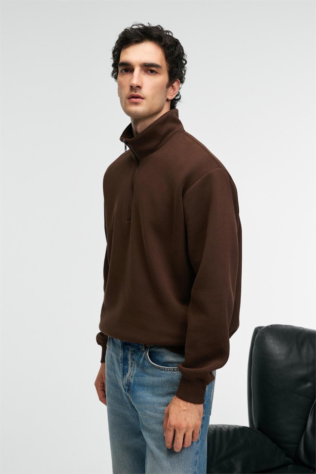 BAXTER Erkek Dik Yakalı Fermuarlı Relaxed Kahverengi Sweatshirt