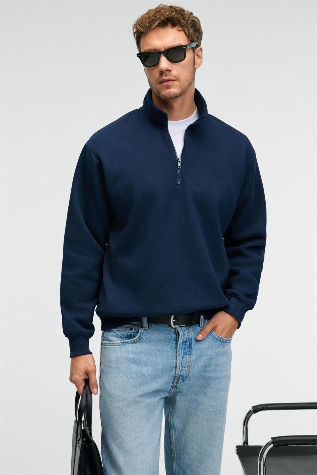 BAXTER Erkek Dik Yakalı Fermuarlı Relaxed Lacivert Sweatshirt