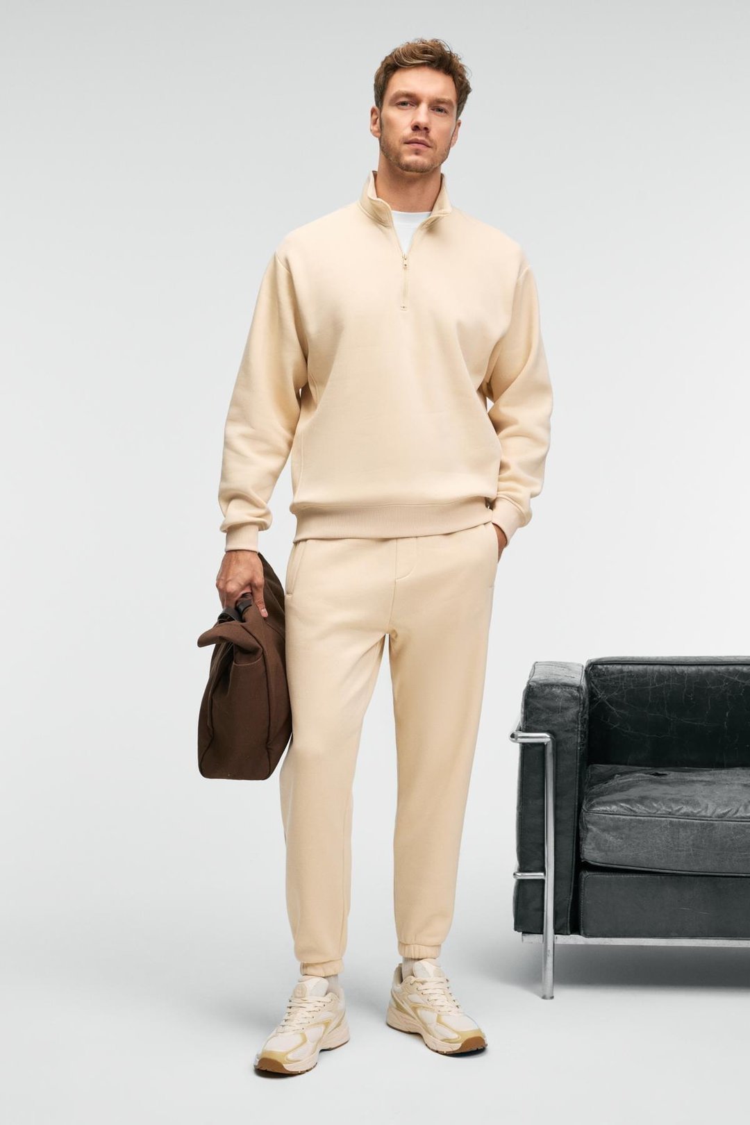 BAXTER Erkek Dik Yakalı Fermuarlı Relaxed Vanilya Sweatshirt