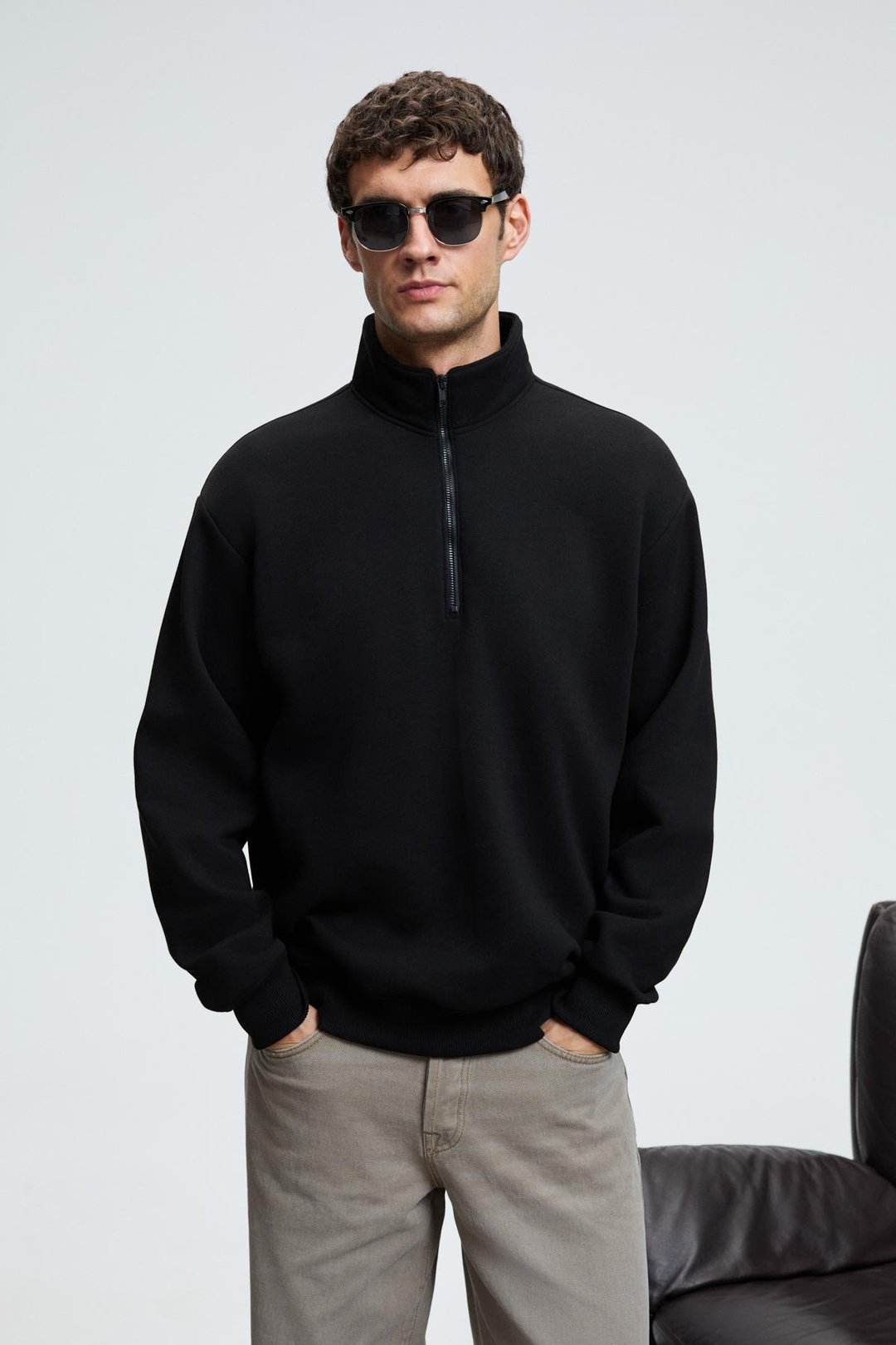 BAXTER Erkek Dik Yakalı Fermuarlı Relaxed Siyah Sweatshirt