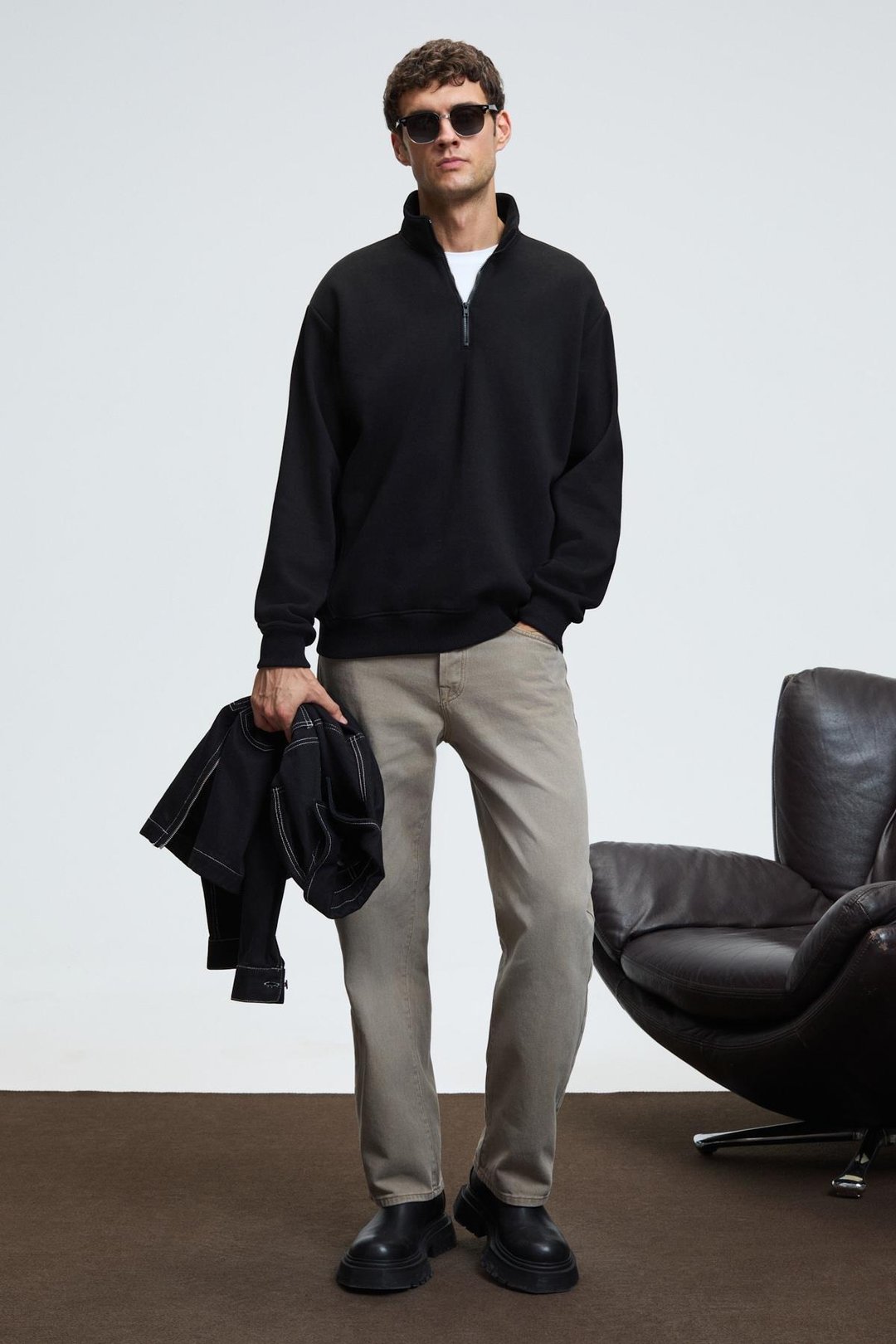 BAXTER Erkek Dik Yakalı Fermuarlı Relaxed Siyah Sweatshirt