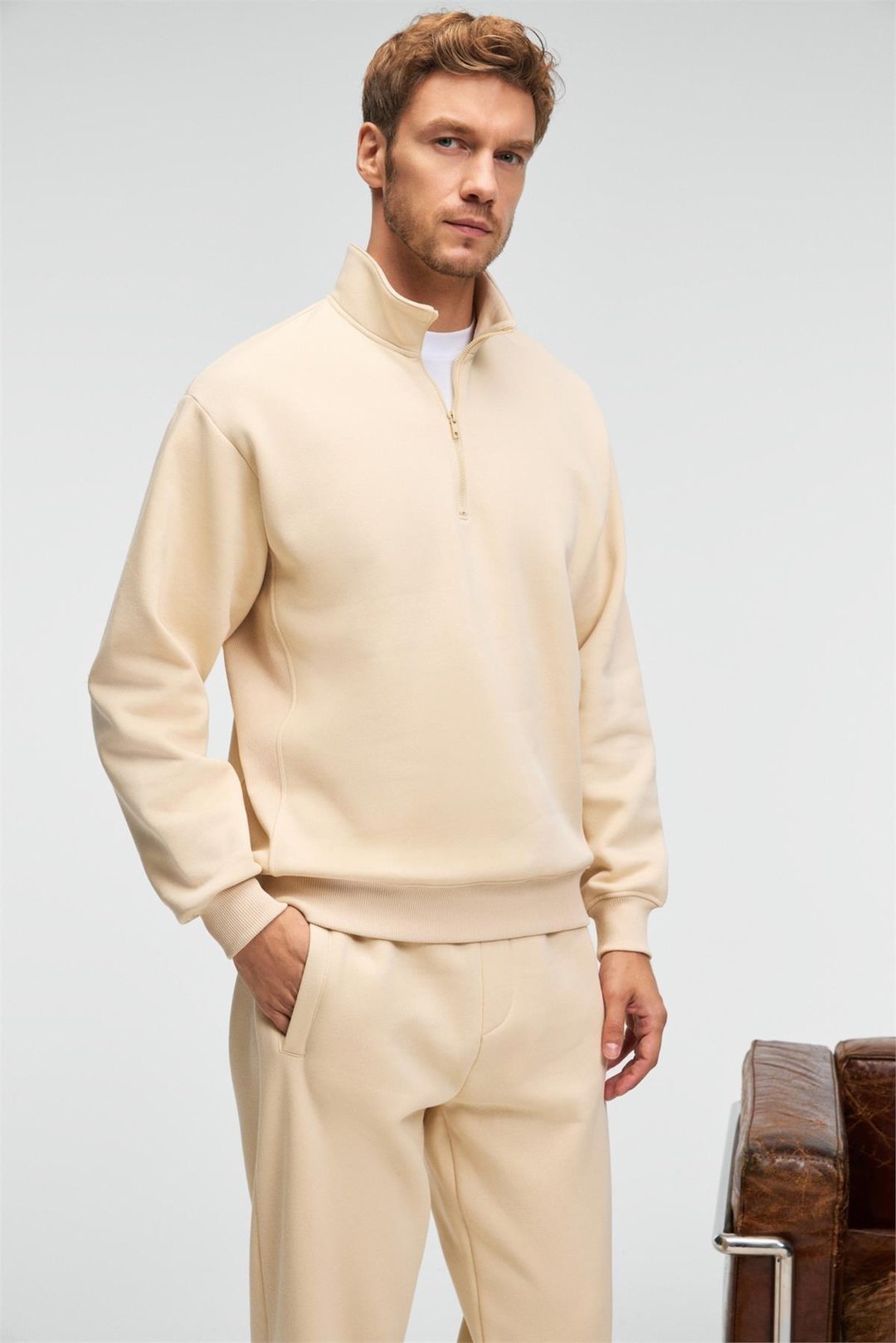 BAXTER Erkek Dik Yakalı Fermuarlı Relaxed Vanilya Sweatshirt