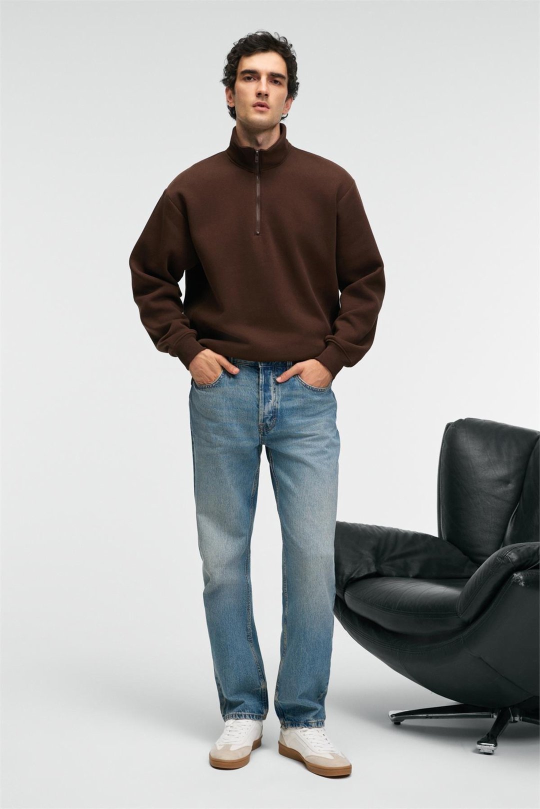 BAXTER Erkek Dik Yakalı Fermuarlı Relaxed Kahverengi Sweatshirt