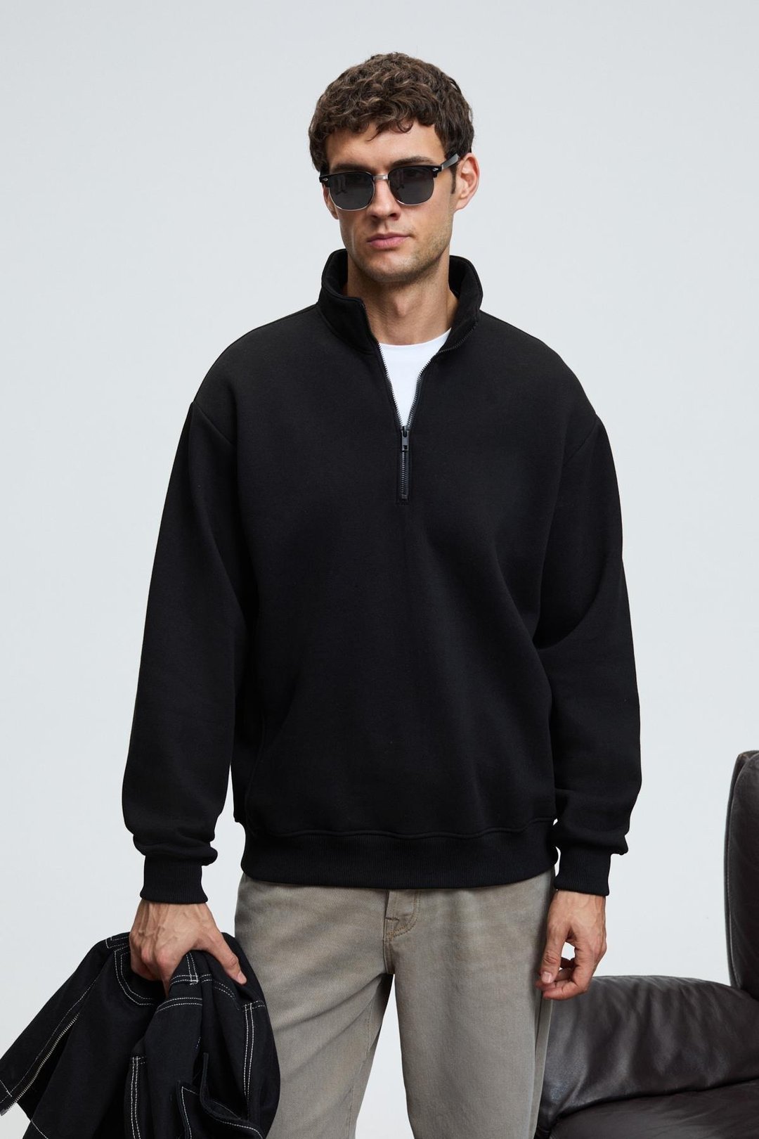 BAXTER Erkek Dik Yakalı Fermuarlı Relaxed Siyah Sweatshirt