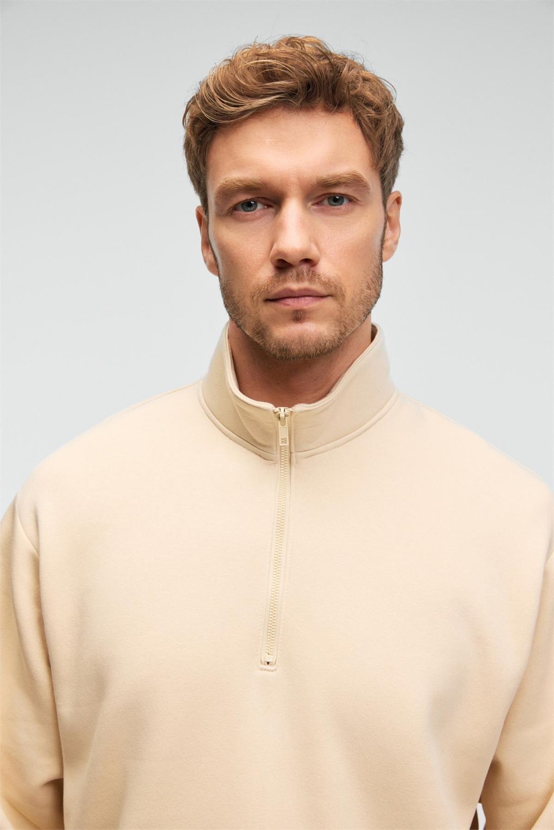 BAXTER Erkek Dik Yakalı Fermuarlı Relaxed Vanilya Sweatshirt