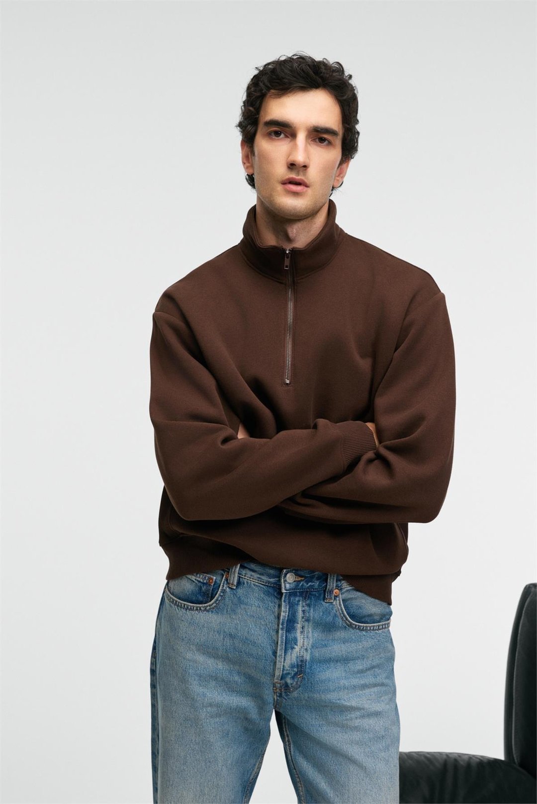 BAXTER Erkek Dik Yakalı Fermuarlı Relaxed Kahverengi Sweatshirt