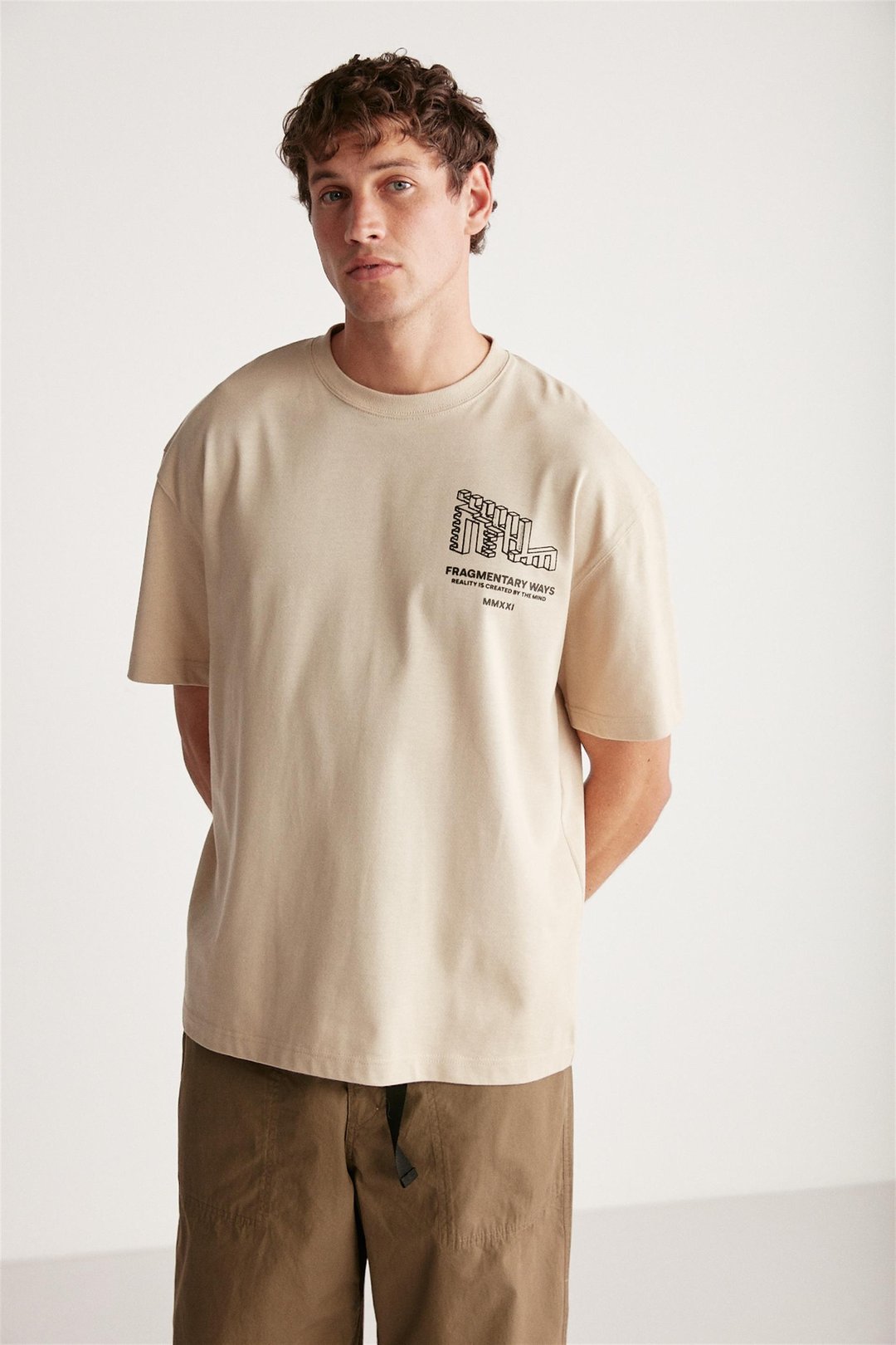 BEAL Örme Oversize Bej Tekli T-Shirt