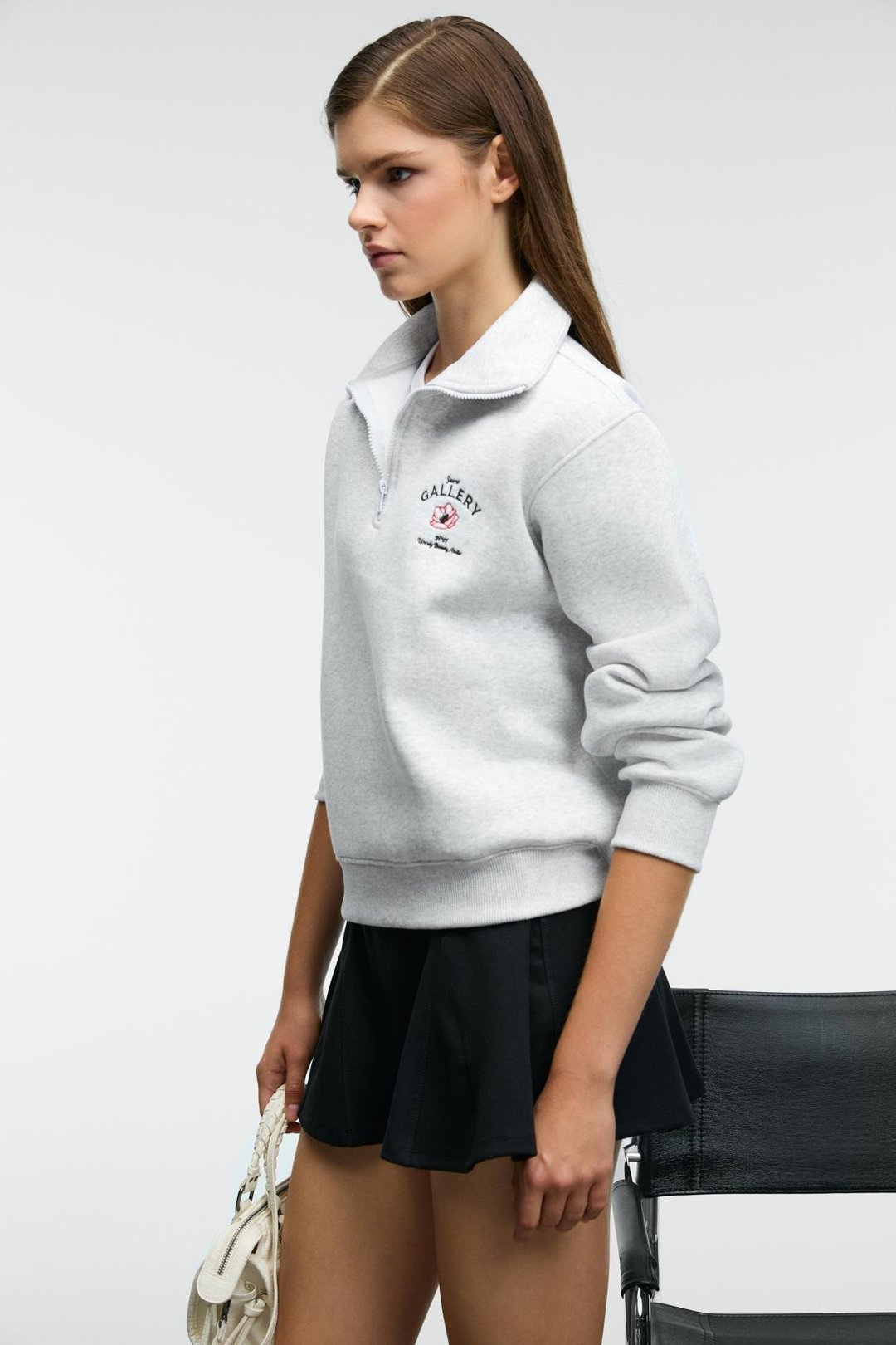 BELLE Kadın Nakış Detaylı Yarım Fermuarlı Dik Yakalı Regular Fit Grimelanj Sweatshirt