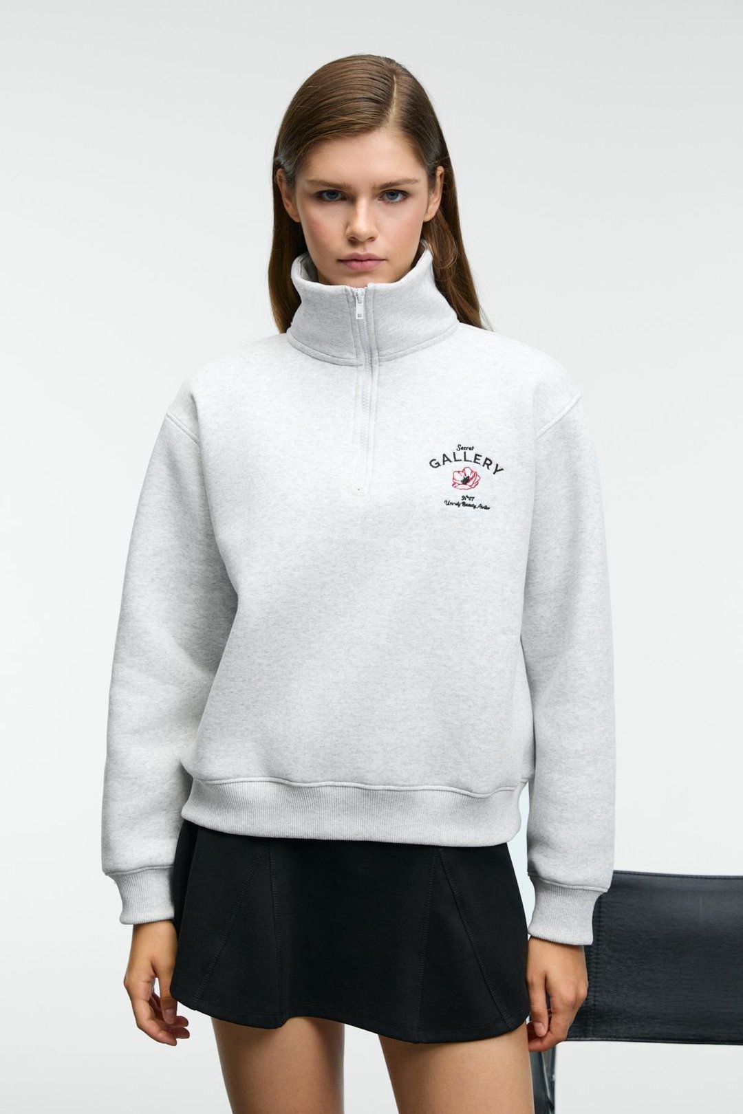 BELLE Kadın Nakış Detaylı Yarım Fermuarlı Dik Yakalı Regular Fit Grimelanj Sweatshirt