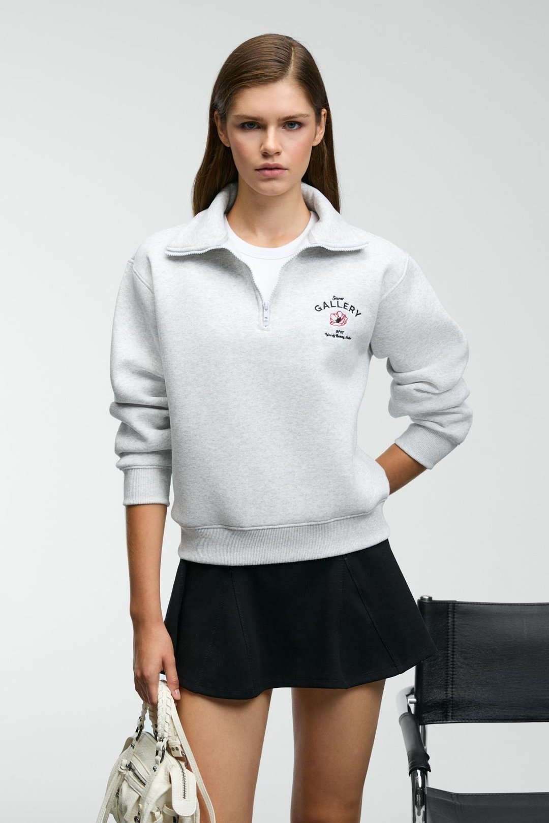 BELLE Kadın Nakış Detaylı Yarım Fermuarlı Dik Yakalı Regular Fit Grimelanj Sweatshirt