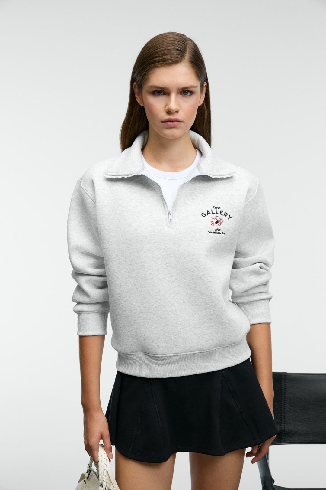 BELLE Kadın Nakış Detaylı Yarım Fermuarlı Dik Yakalı Regular Fit Grimelanj Sweatshirt