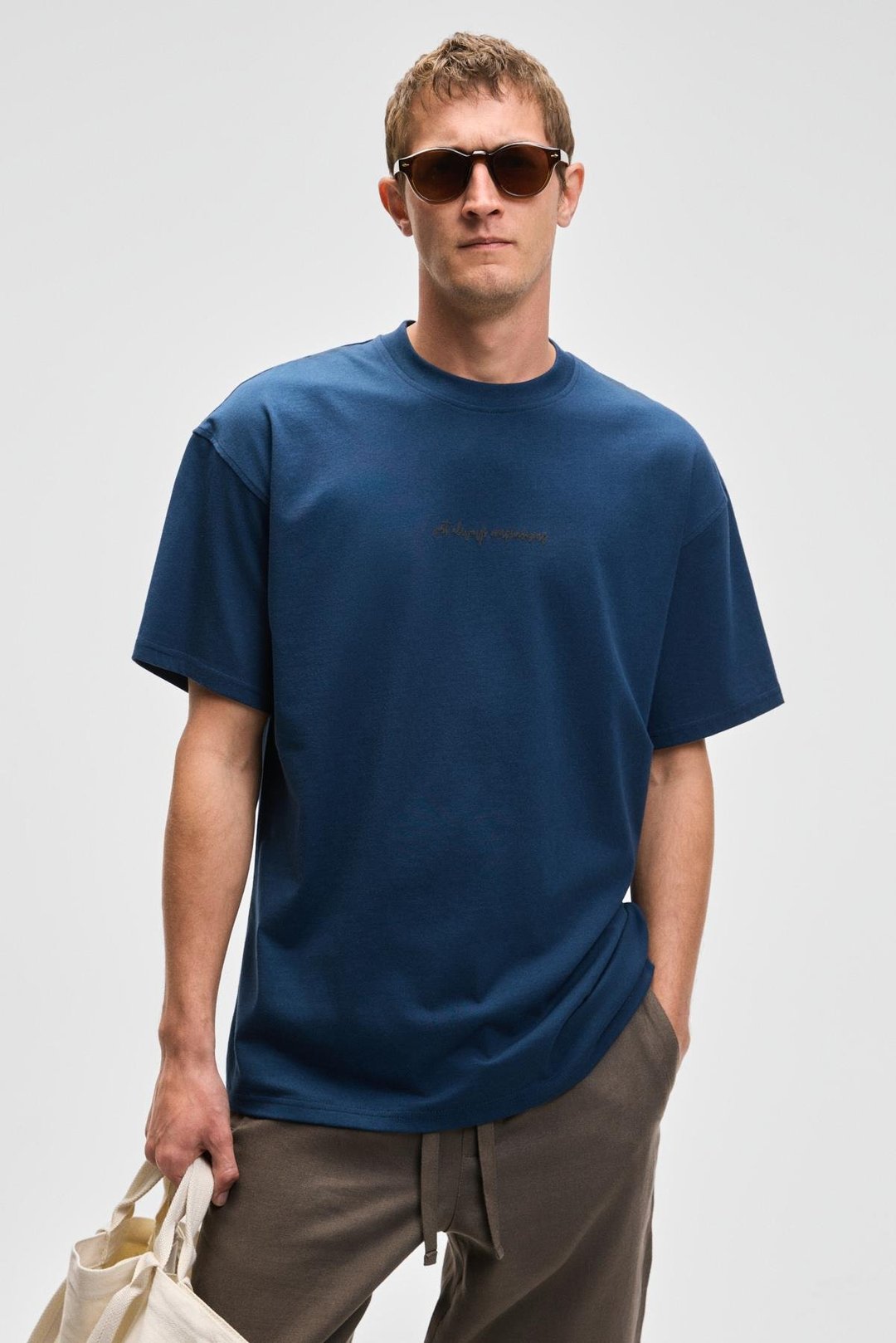 BENFICA Erkek %100 Organik Pamuk Baskı Detaylı Oversize Kısa Kol Bisiklet Yaka Lacivert T-Shirt