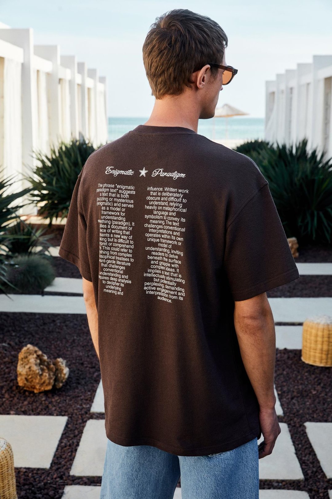 BENZO Erkek Ön Arka Baskı Detaylı %100 Organik Pamuk Oversize Kısa Kollu Koyu Kahverengi T-Shirt