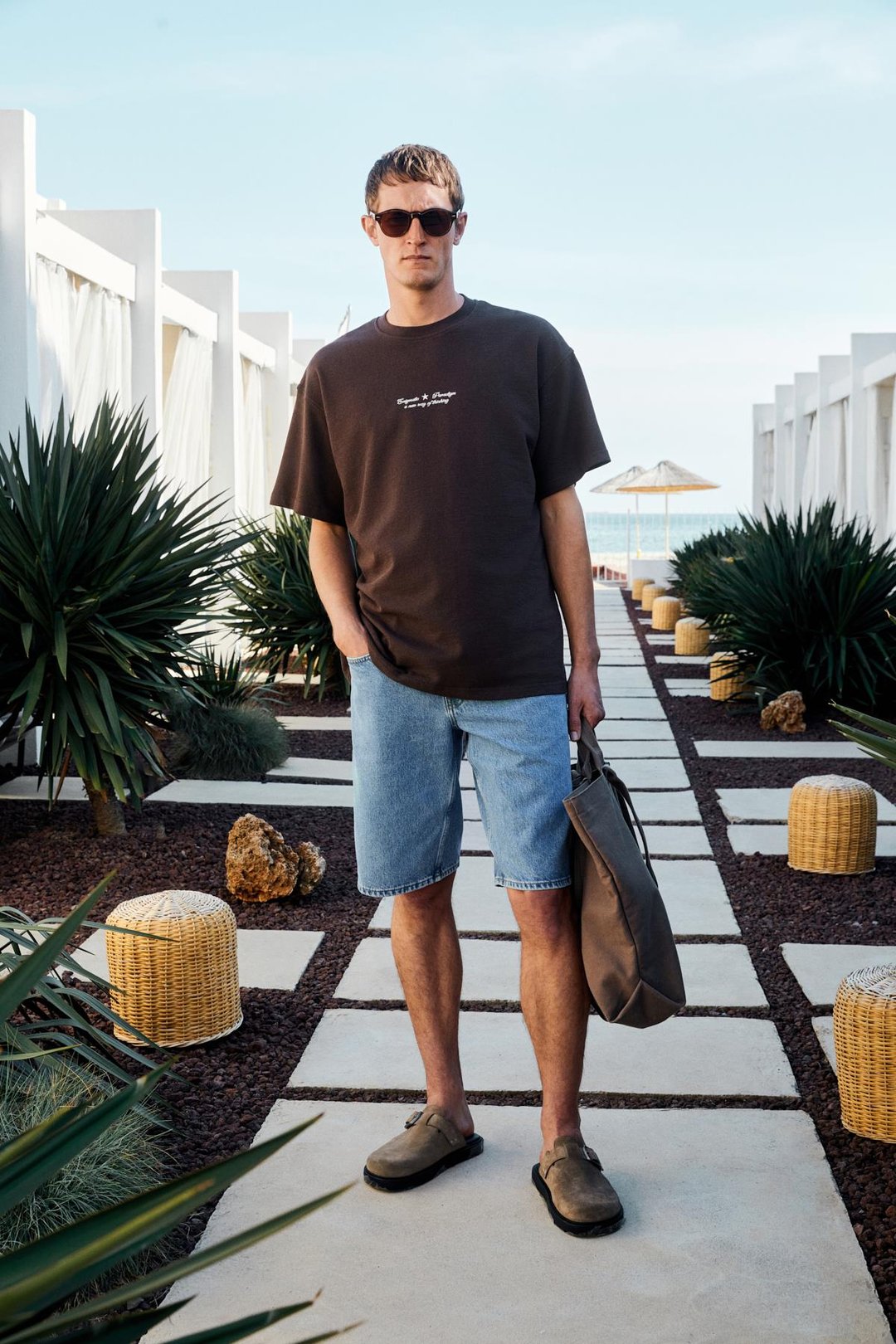 BENZO Erkek Ön Arka Baskı Detaylı %100 Organik Pamuk Oversize Kısa Kollu Koyu Kahverengi T-Shirt