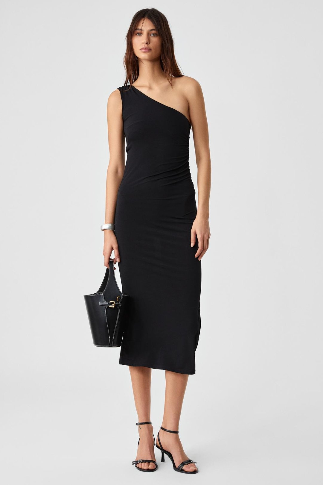 BERINS Kadın Asimetrik Yaka Regular Kolsuz Siyah Elbise