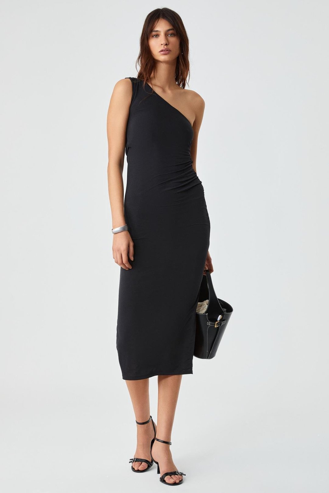 BERINS Kadın Asimetrik Yaka Regular Kolsuz Siyah Elbise