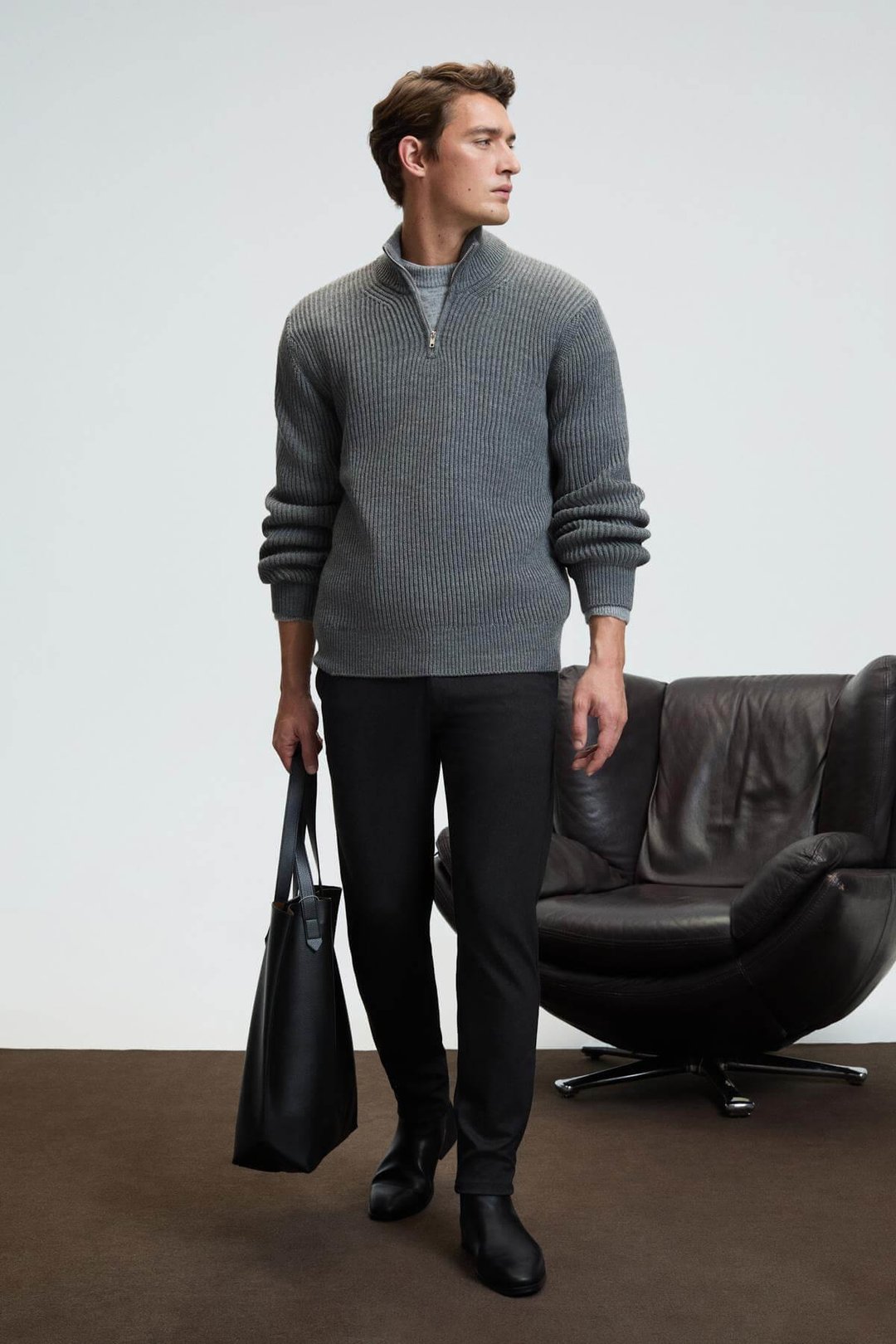 BERNARDO Erkek Yarım Fermuarlı Dik Yaka Triko Antrasit Kazak