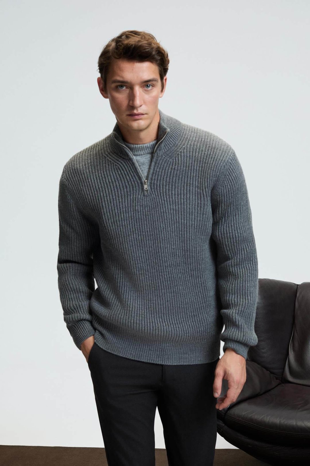 BERNARDO Erkek Yarım Fermuarlı Dik Yaka Triko Antrasit Kazak