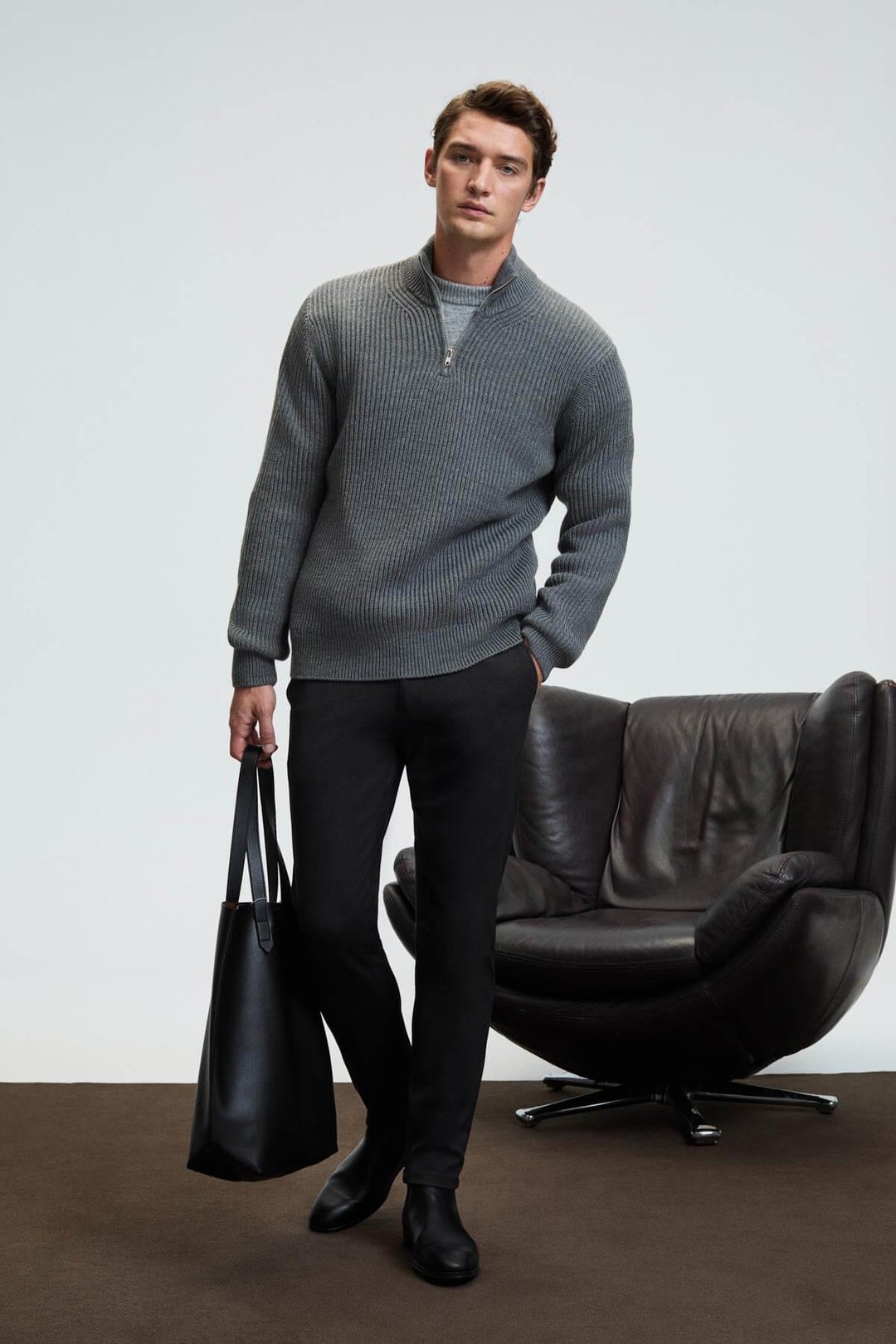 BERNARDO Erkek Yarım Fermuarlı Dik Yaka Triko Antrasit Kazak