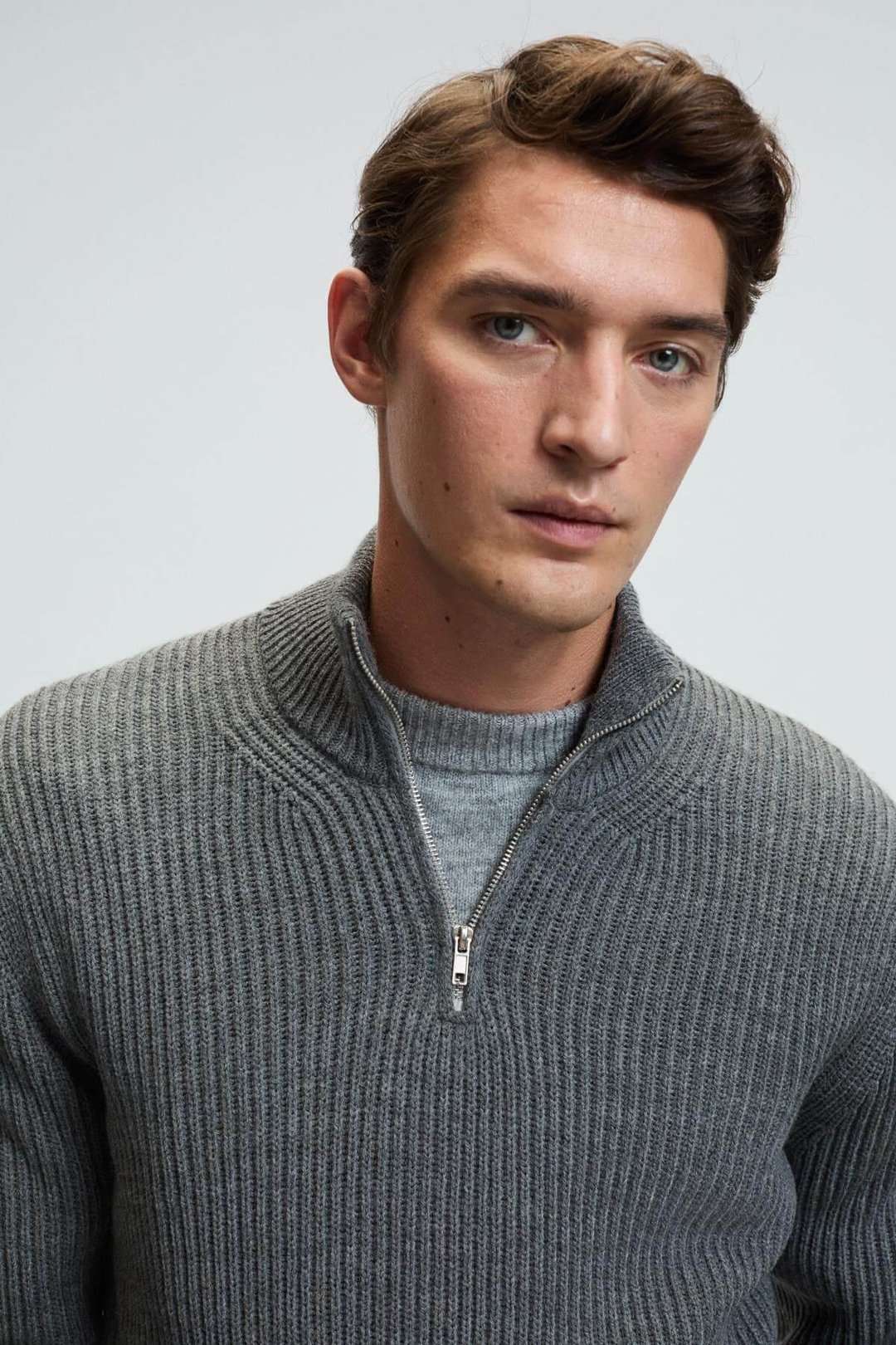 BERNARDO Erkek Yarım Fermuarlı Dik Yaka Triko Antrasit Kazak