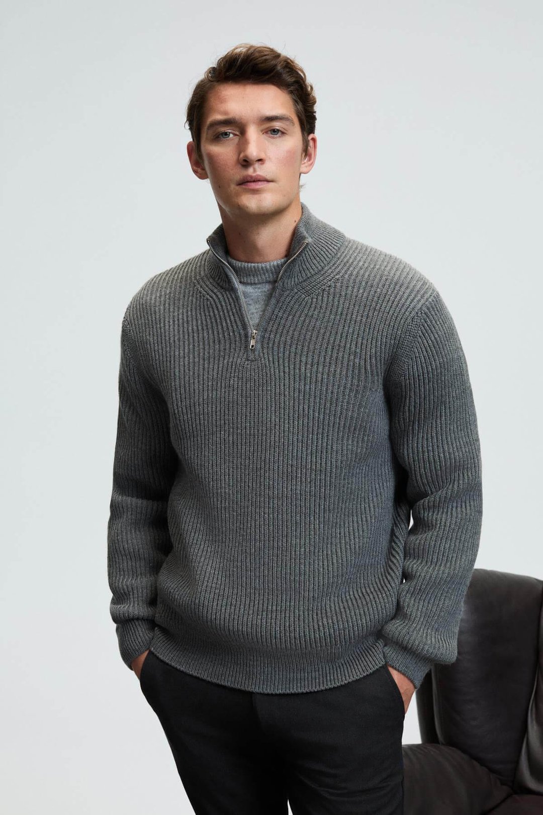 BERNARDO Erkek Yarım Fermuarlı Dik Yaka Triko Antrasit Kazak