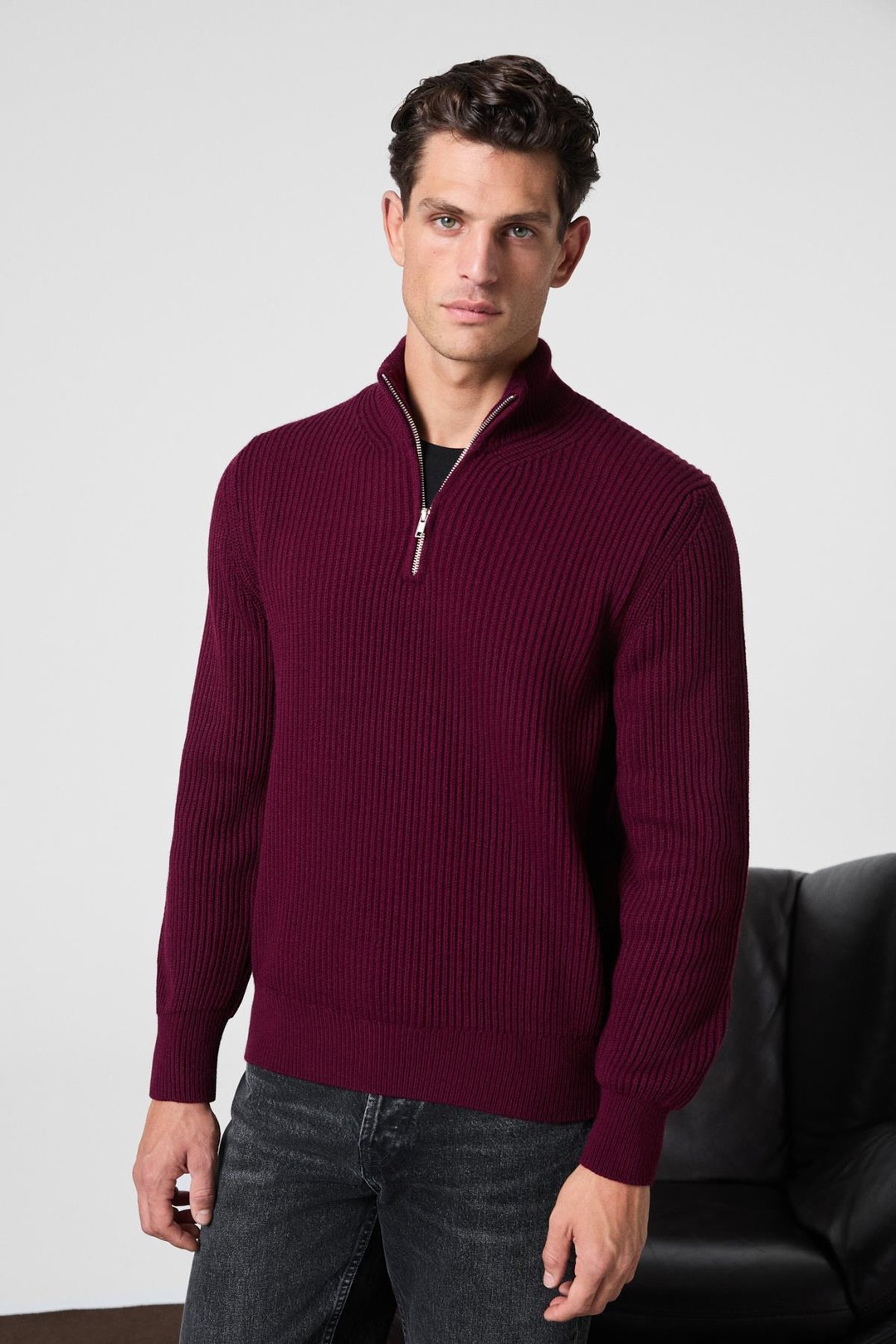 BERNARDO Erkek Yarım Fermuarlı Dik Yaka Triko Bordo Kazak