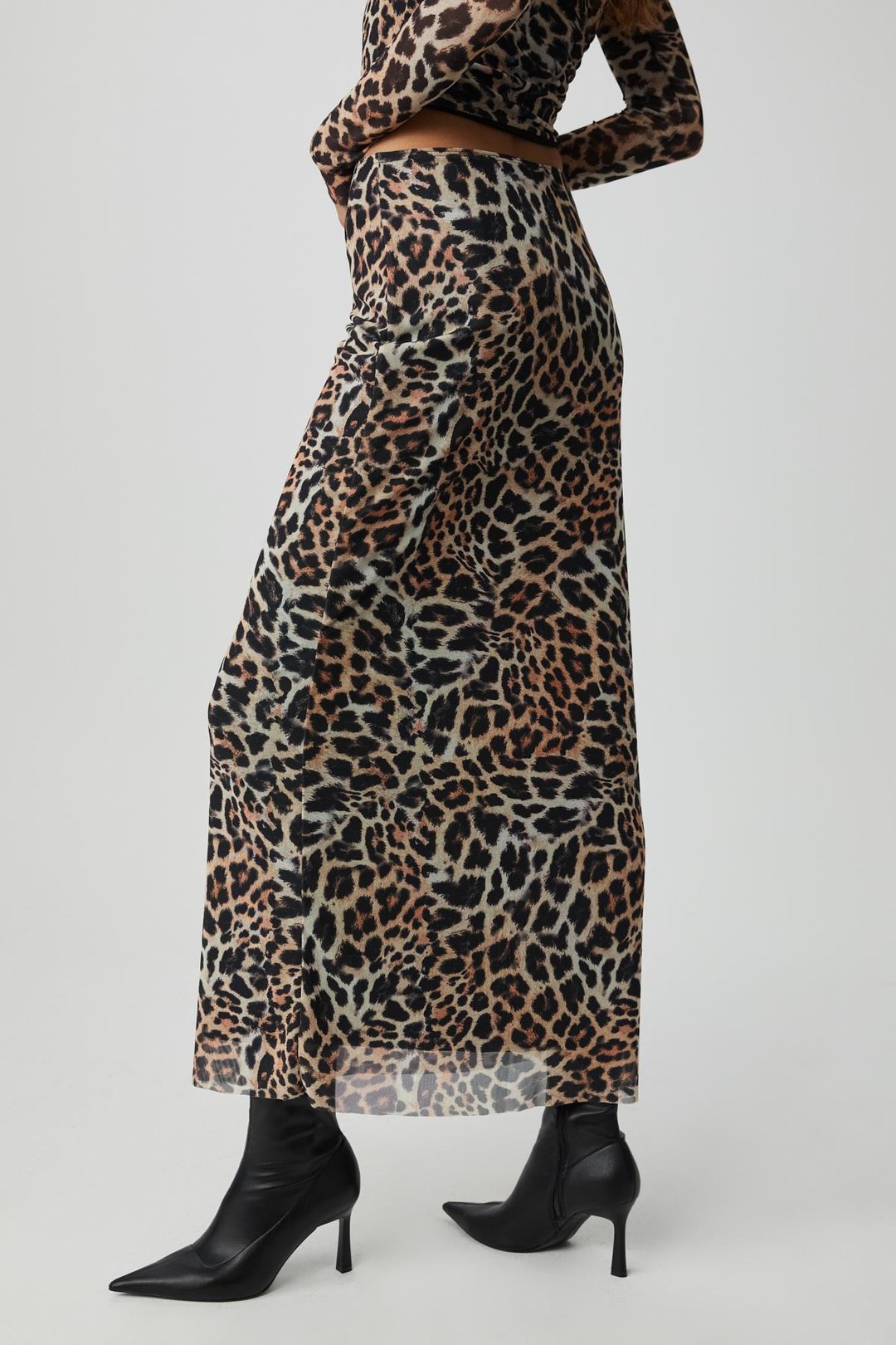 BEULAH Kadın Maxi Boy Slim Fit Beli Lastikli Tül Batik Desenli Leopar Desenli Etek