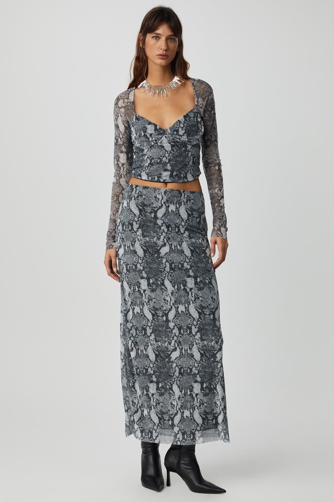 BEULAH Kadın Maxi Boy Slim Fit Beli Lastikli Tül Batik Desenli Yılan Desenli Etek