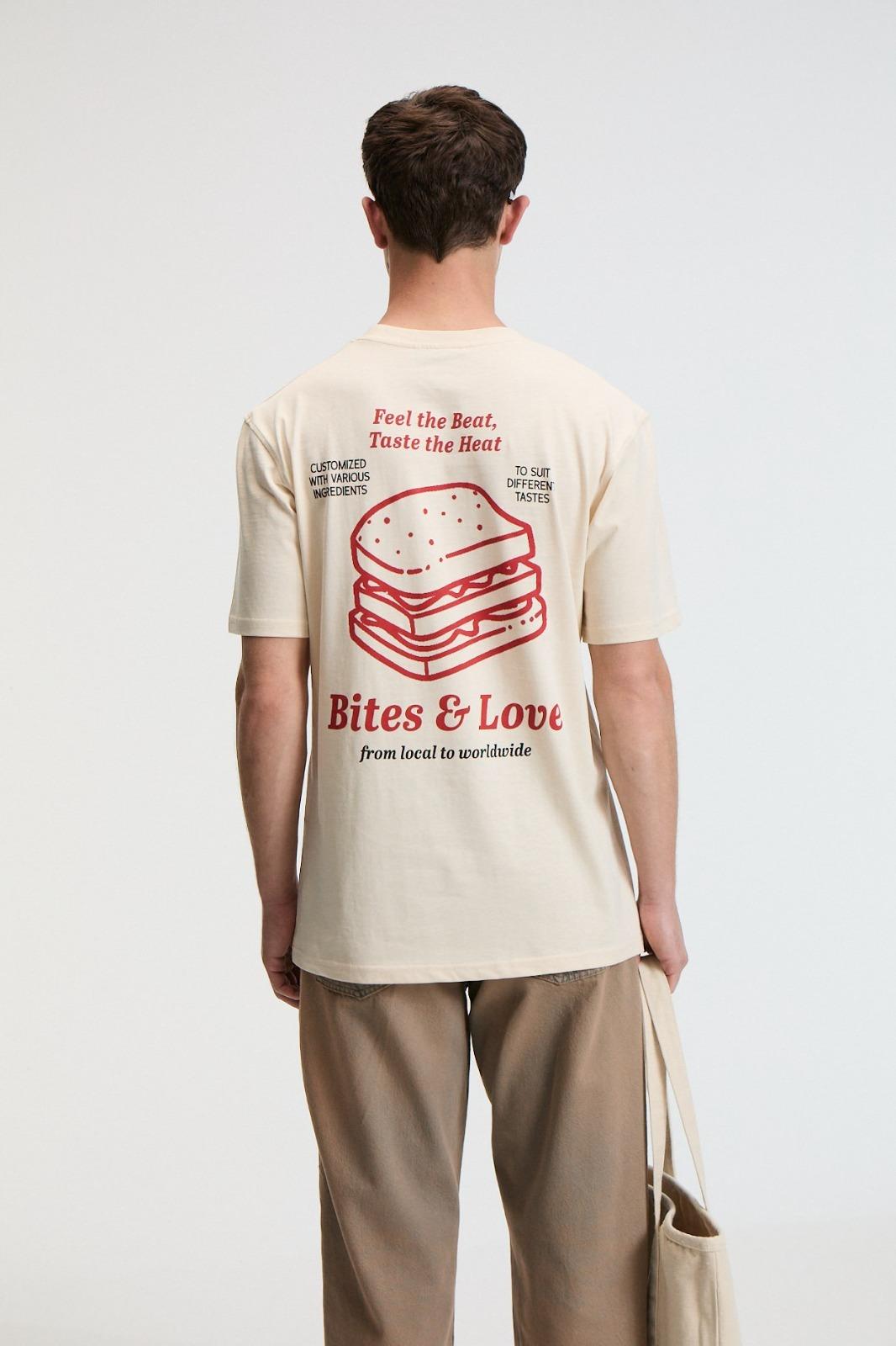 BITE Erkek Oversize %100 Pamuk Baskılı Yuvarlak Yaka Vanilya T-Shirt