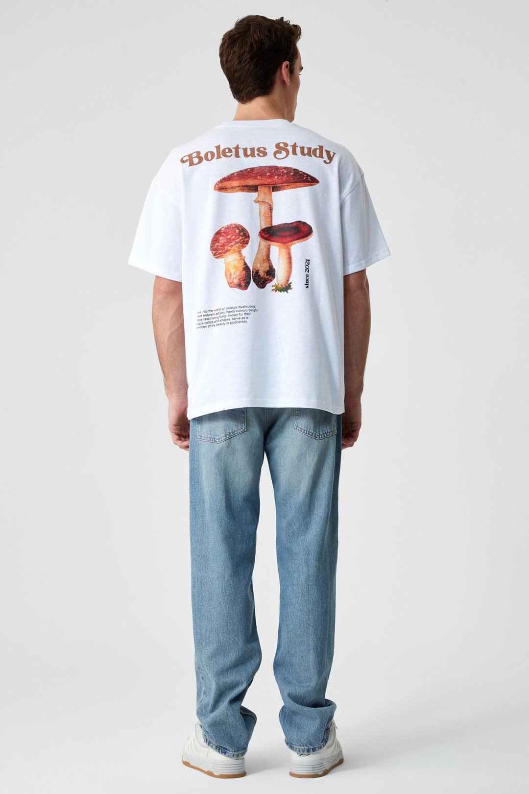 BOLETUS Erkek Baskı Detaylı %100 Organik Pamuk Oversize Bisiklet Yaka Kısa Kol Beyaz T-Shirt