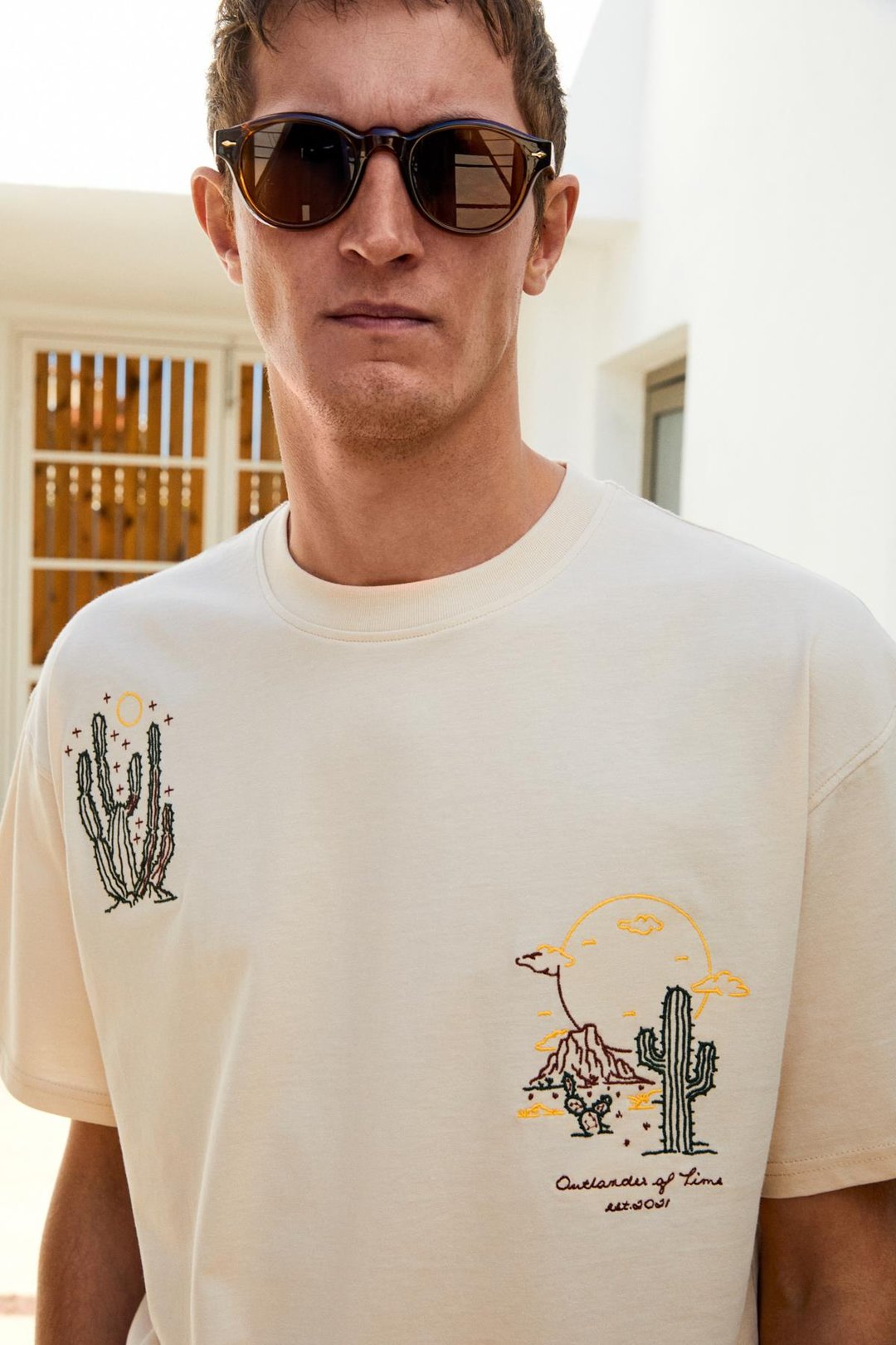 BOLICHE Erkek Bisiklet Yaka %100 Organik Pamuklu Oversize Fit Açık Bej T-Shirt