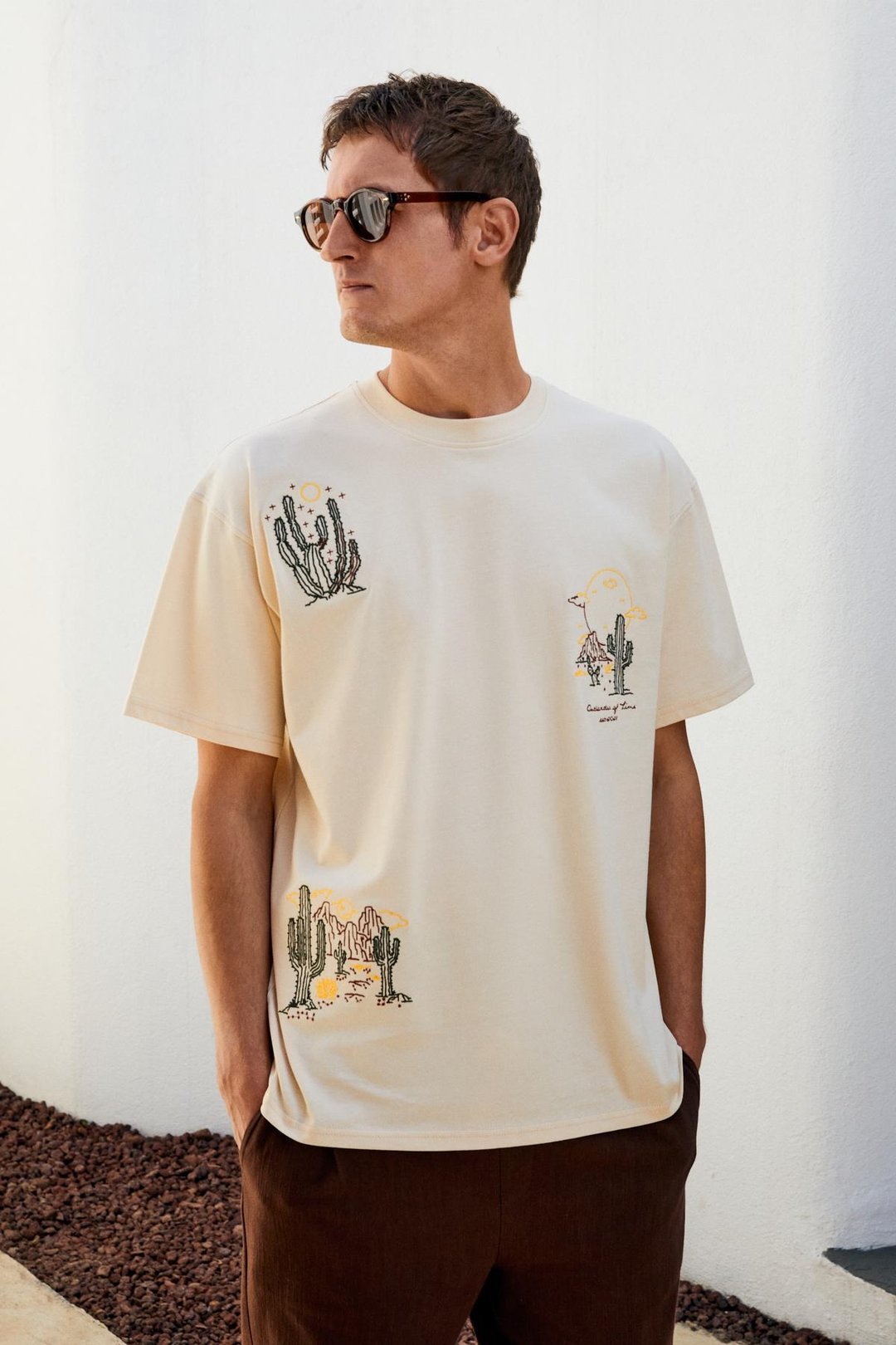 BOLICHE Erkek Bisiklet Yaka %100 Organik Pamuklu Oversize Fit Açık Bej T-Shirt