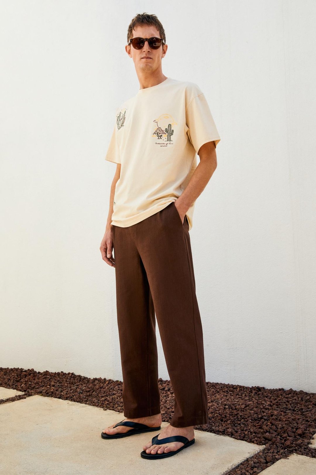 BOLICHE Erkek Bisiklet Yaka %100 Organik Pamuklu Oversize Fit Açık Bej T-Shirt