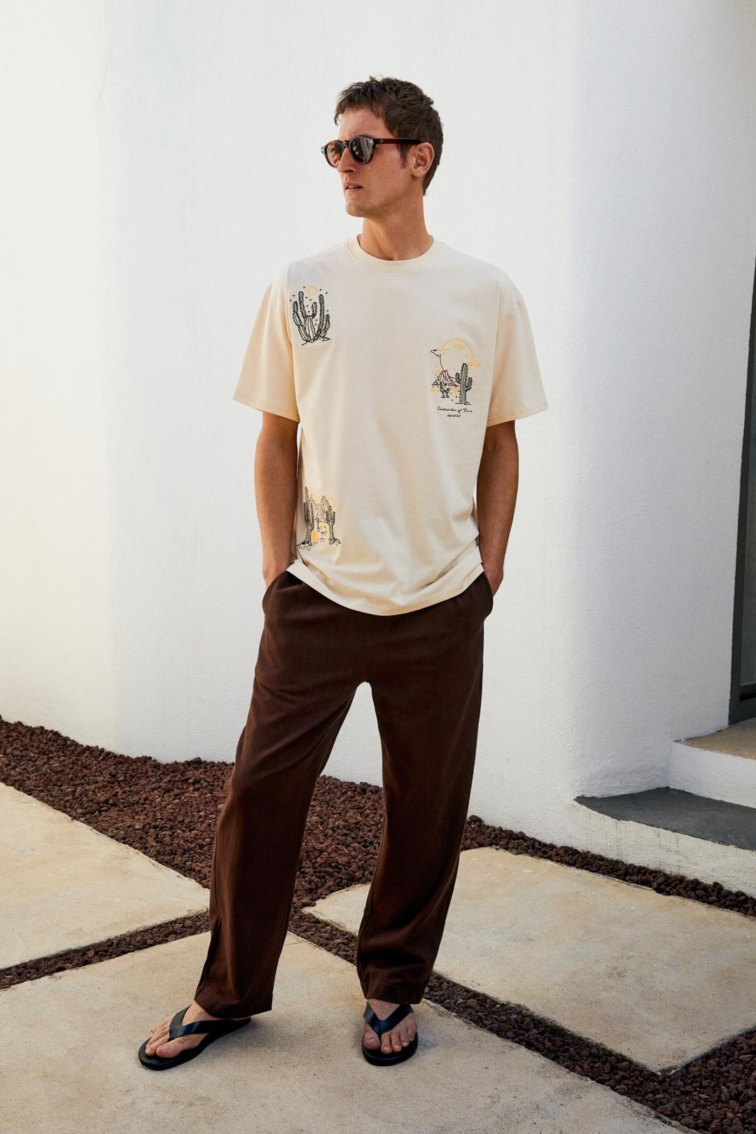 BOLICHE Erkek Bisiklet Yaka %100 Organik Pamuklu Oversize Fit Açık Bej T-Shirt