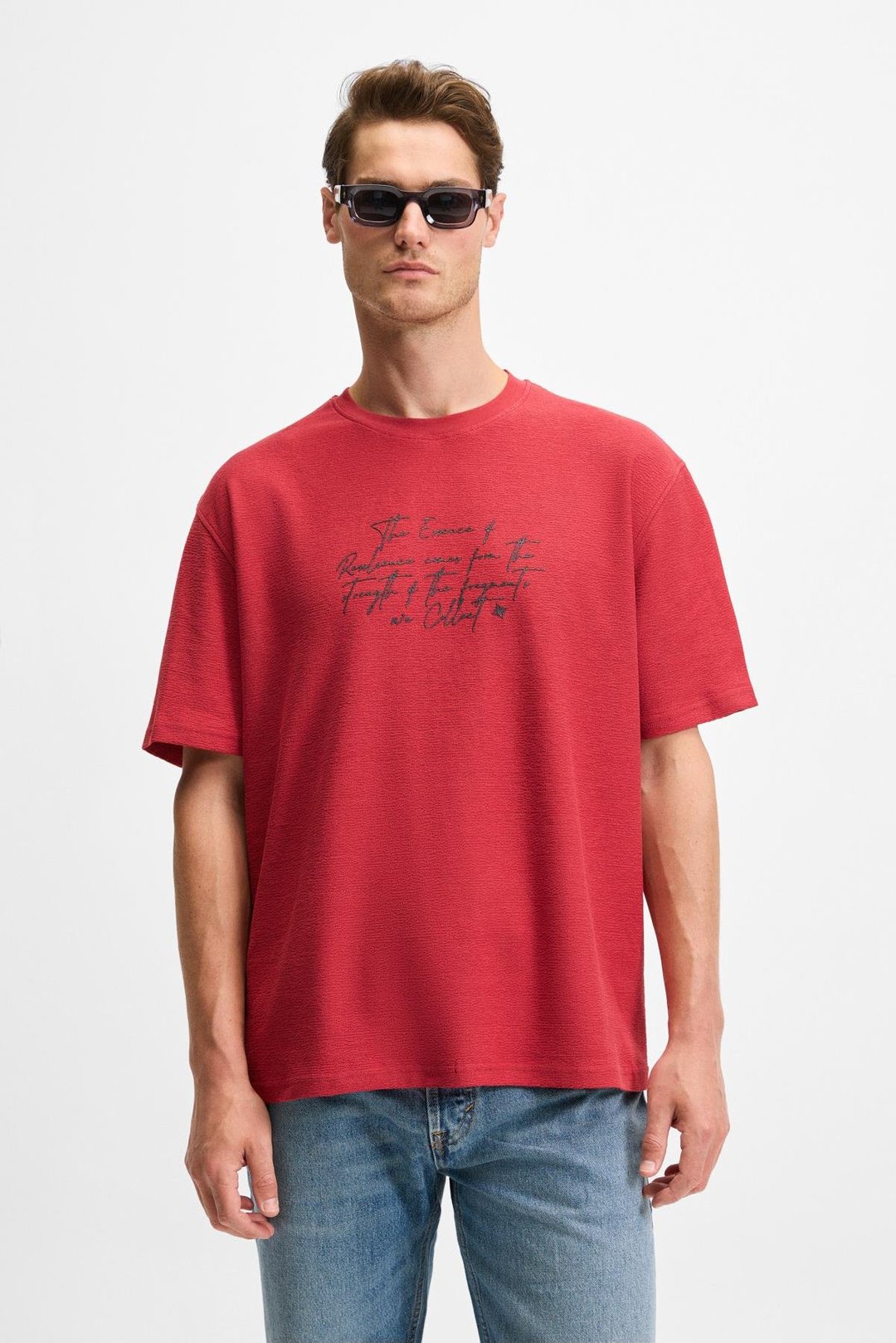 BONDIA Erkek Baskı Detaylı %100 Organik Pamuk Oversize Fit Bisiklet Yakalı Kısa Kollu Bordo T-Shirt