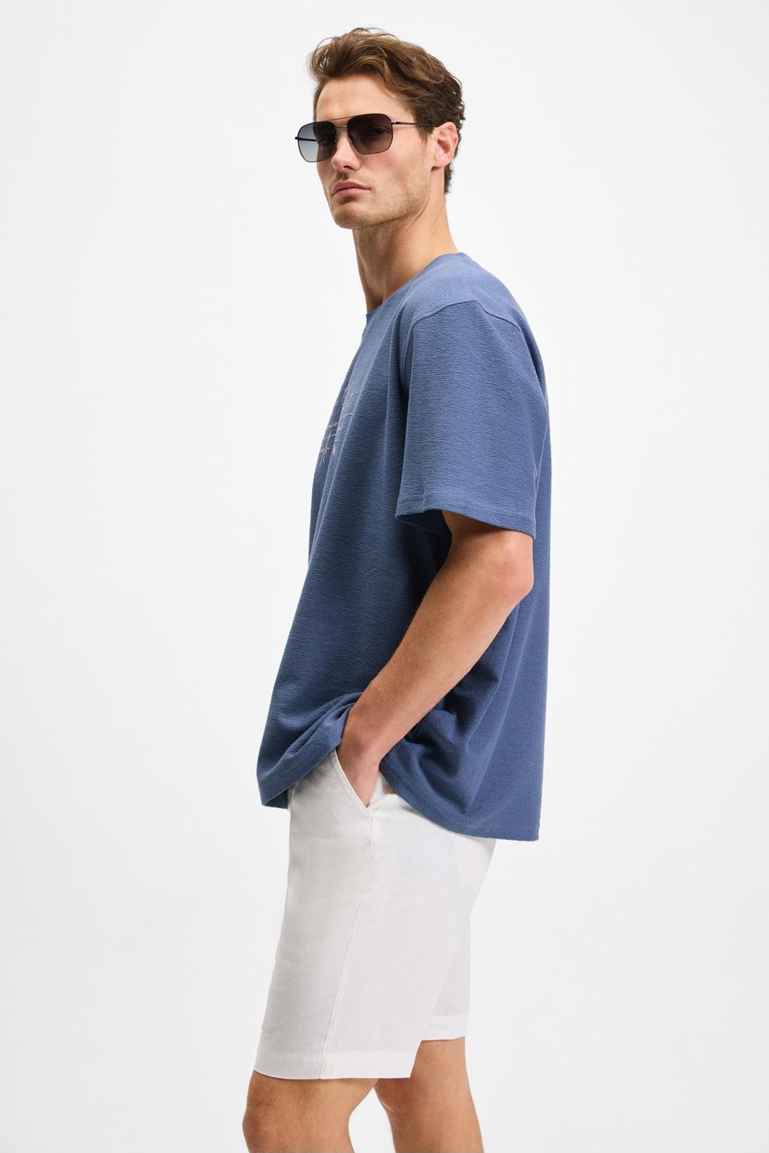 BONDIA Erkek Baskı Detaylı %100 Organik Pamuk Oversize Fit Bisiklet Yakalı Kısa Kollu İndigo T-Shirt