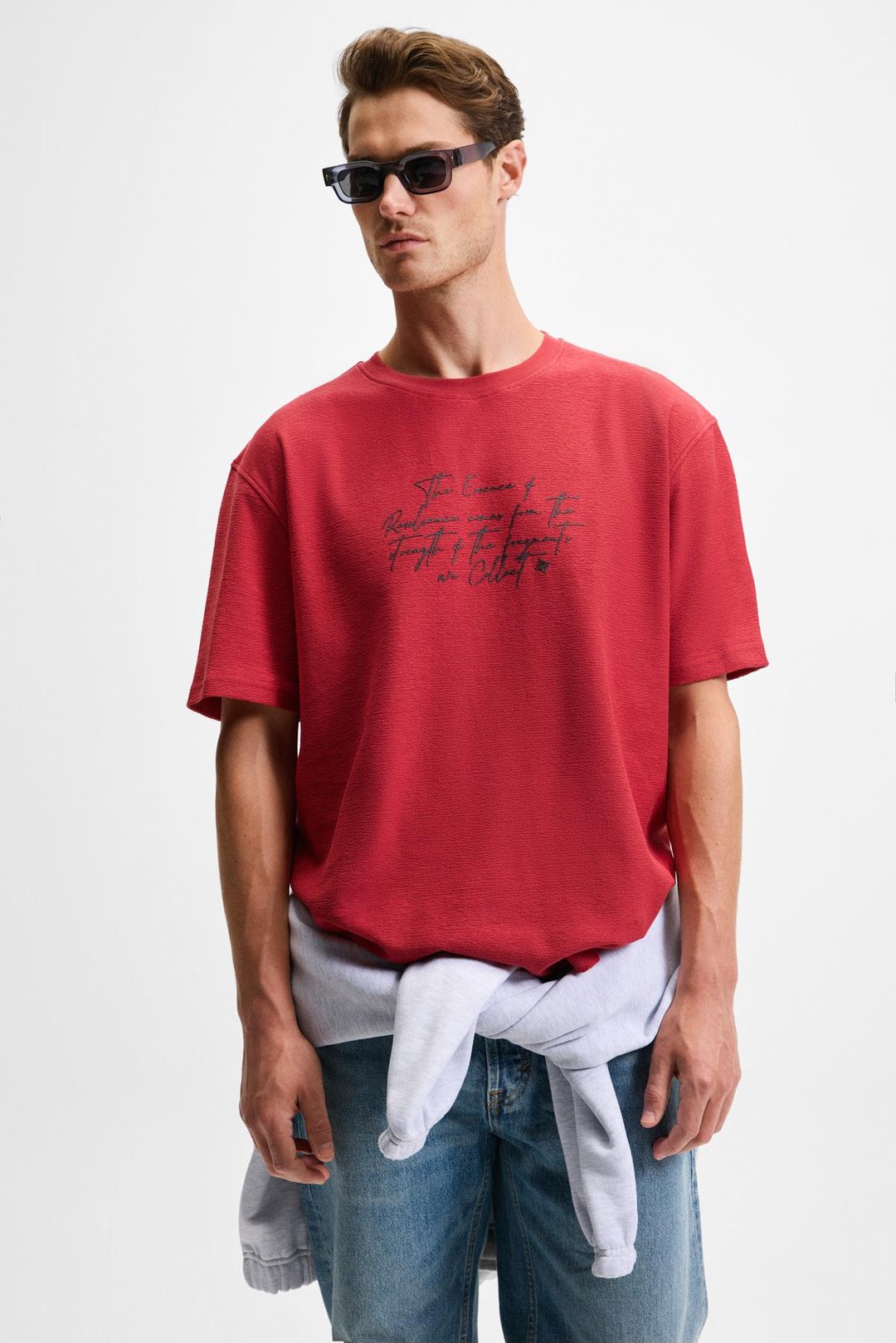 BONDIA Erkek Baskı Detaylı %100 Organik Pamuk Oversize Fit Bisiklet Yakalı Kısa Kollu Bordo T-Shirt