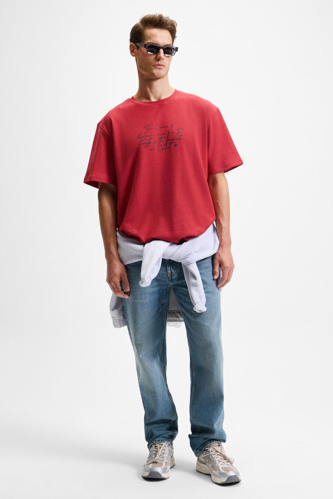 BONDIA Erkek Baskı Detaylı %100 Organik Pamuk Oversize Fit Bisiklet Yakalı Kısa Kollu Bordo T-Shirt