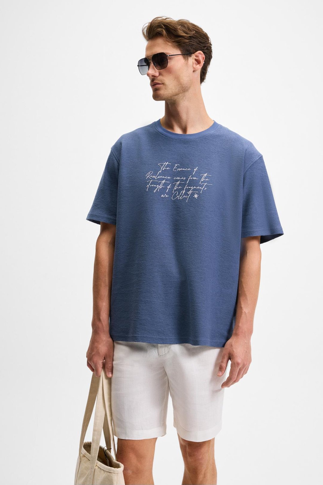 BONDIA Erkek Baskı Detaylı %100 Organik Pamuk Oversize Fit Bisiklet Yakalı Kısa Kollu İndigo T-Shirt