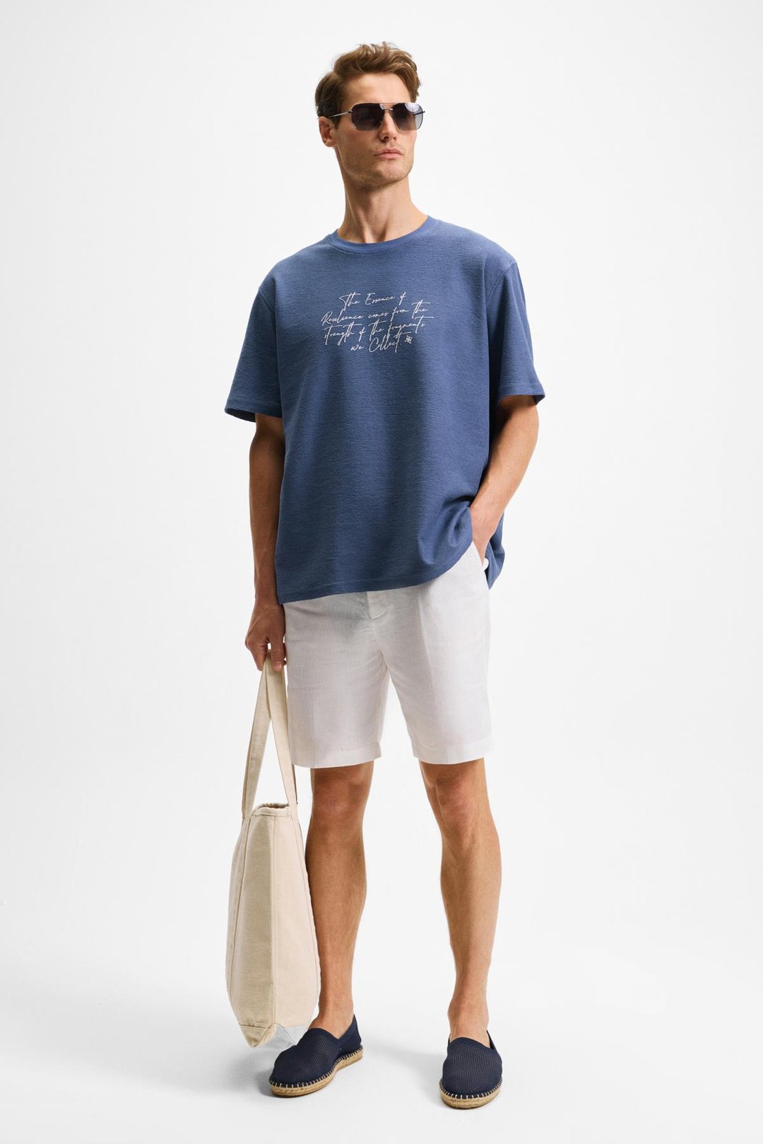 BONDIA Erkek Baskı Detaylı %100 Organik Pamuk Oversize Fit Bisiklet Yakalı Kısa Kollu İndigo T-Shirt