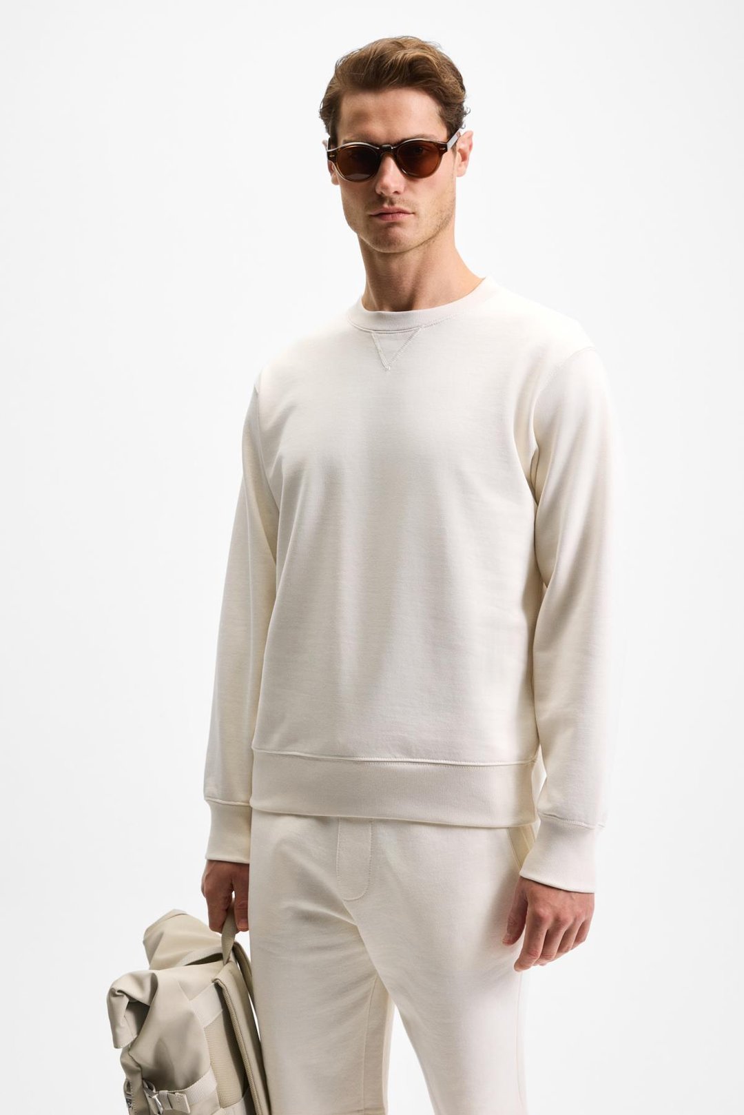 BONELL Erkek %100 Pamuk Relaxed Bisiklet Yaka Uzun Kollu Ekru Sweatshirt