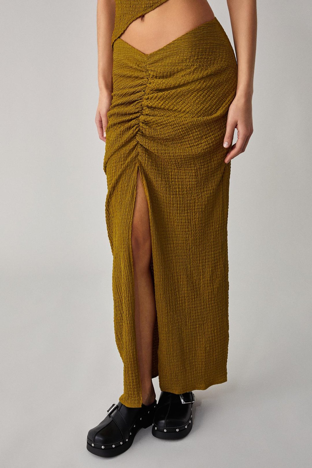 BONIA Kadın Slim Fit Örme Yırtmaç Detaylı Yeşil Etek