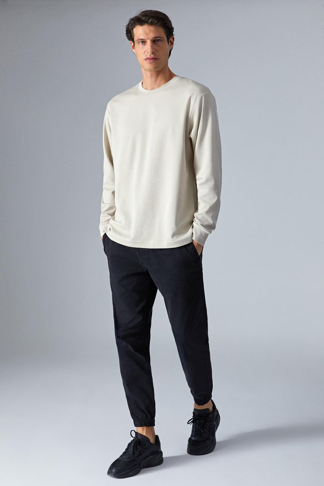 BOONE Erkek Regular Bisiklet Yaka Uzun Kollu Bej T-Shirt